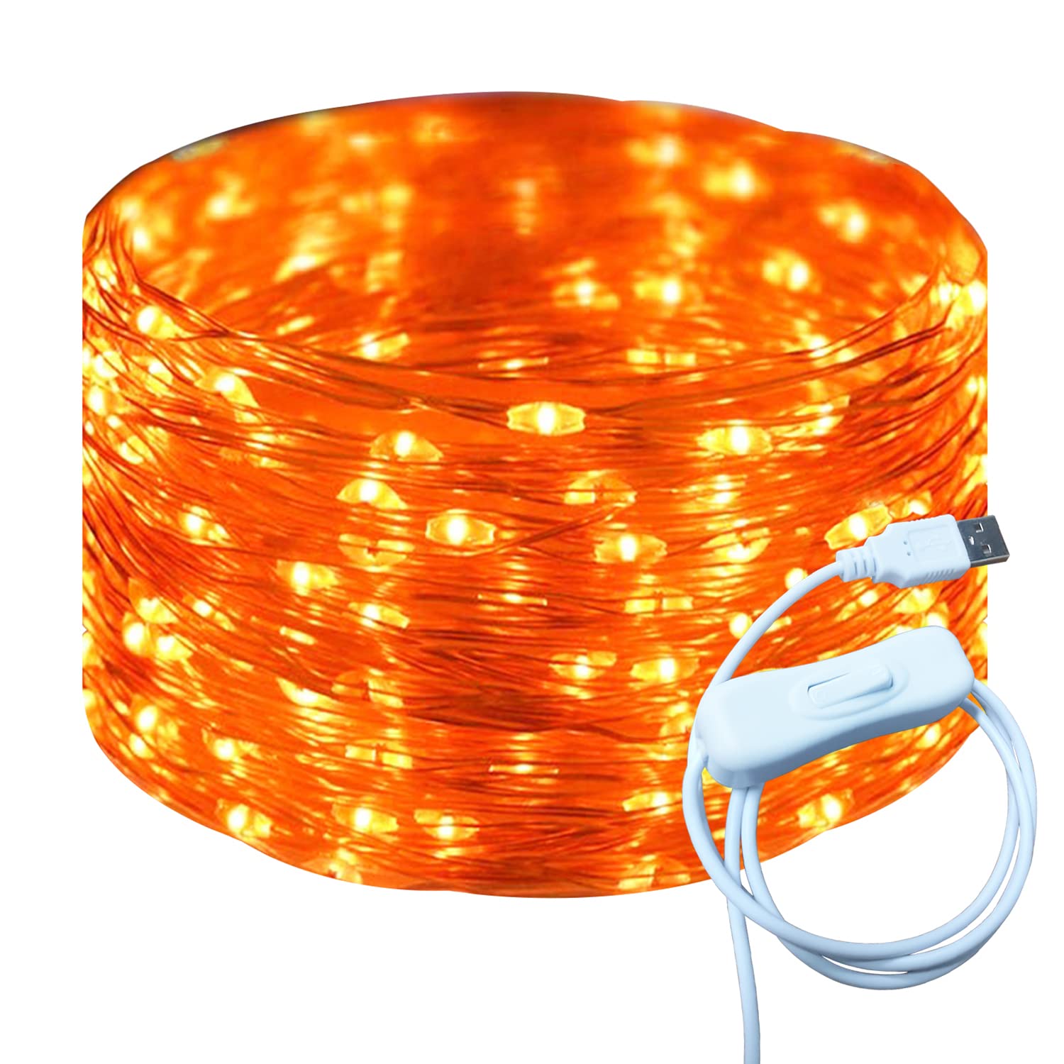 RUICHEN USB Fairy String Lights, 33Ft 100 LED, Copper Wire, On/Off Switch, Orange, Model UY-10M100L