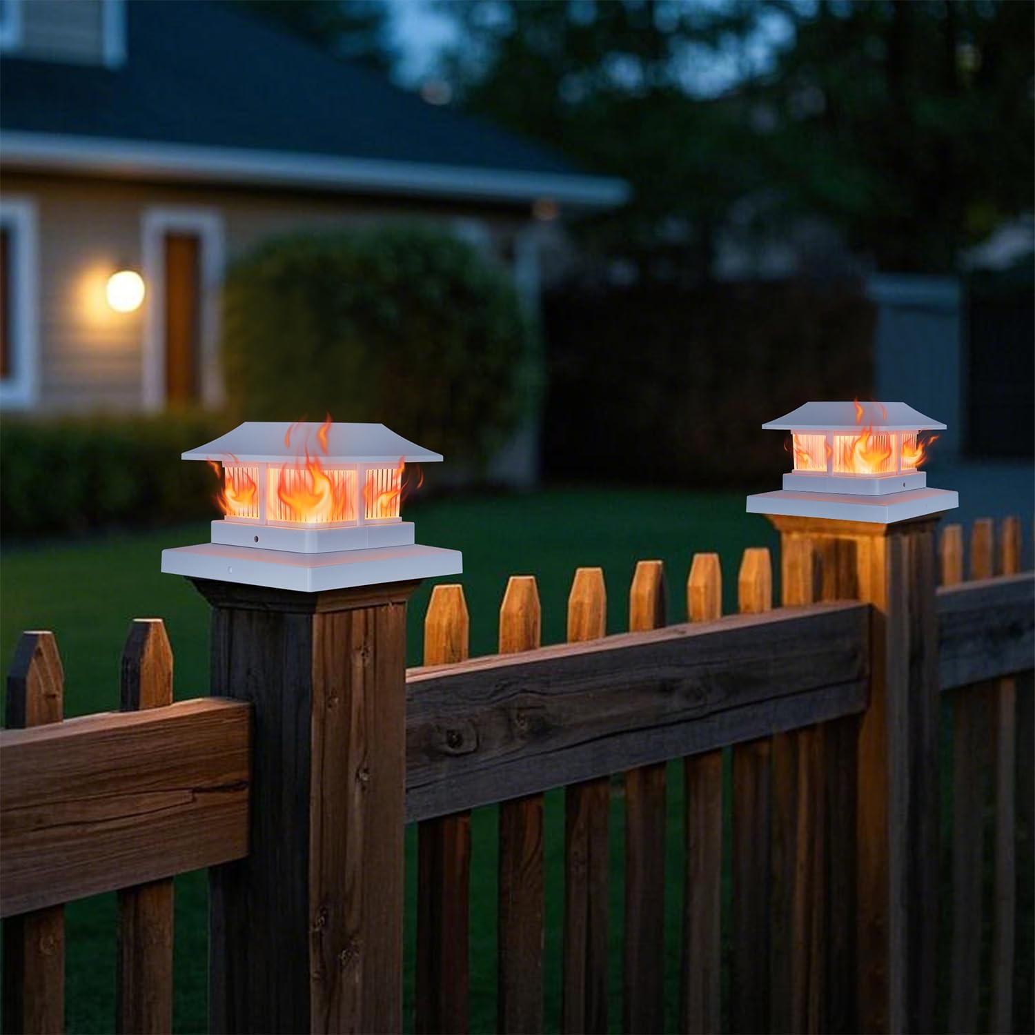 Dynaming Solar Flame Post Cap Lights Outdoor, Solar Powered White Shell Fence Post Light, Flickering Flame Led Lamps Waterproof