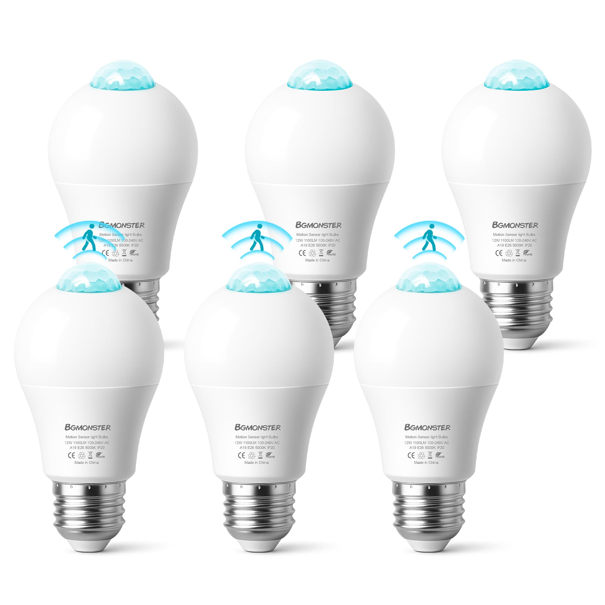 6-Pack Motion Sensor Light Bulb, 12W(100W Equivalent) E26 A19 Security LED Bulb Outdoor/Indoor, Motion Activated Dusk to Dawn Bu