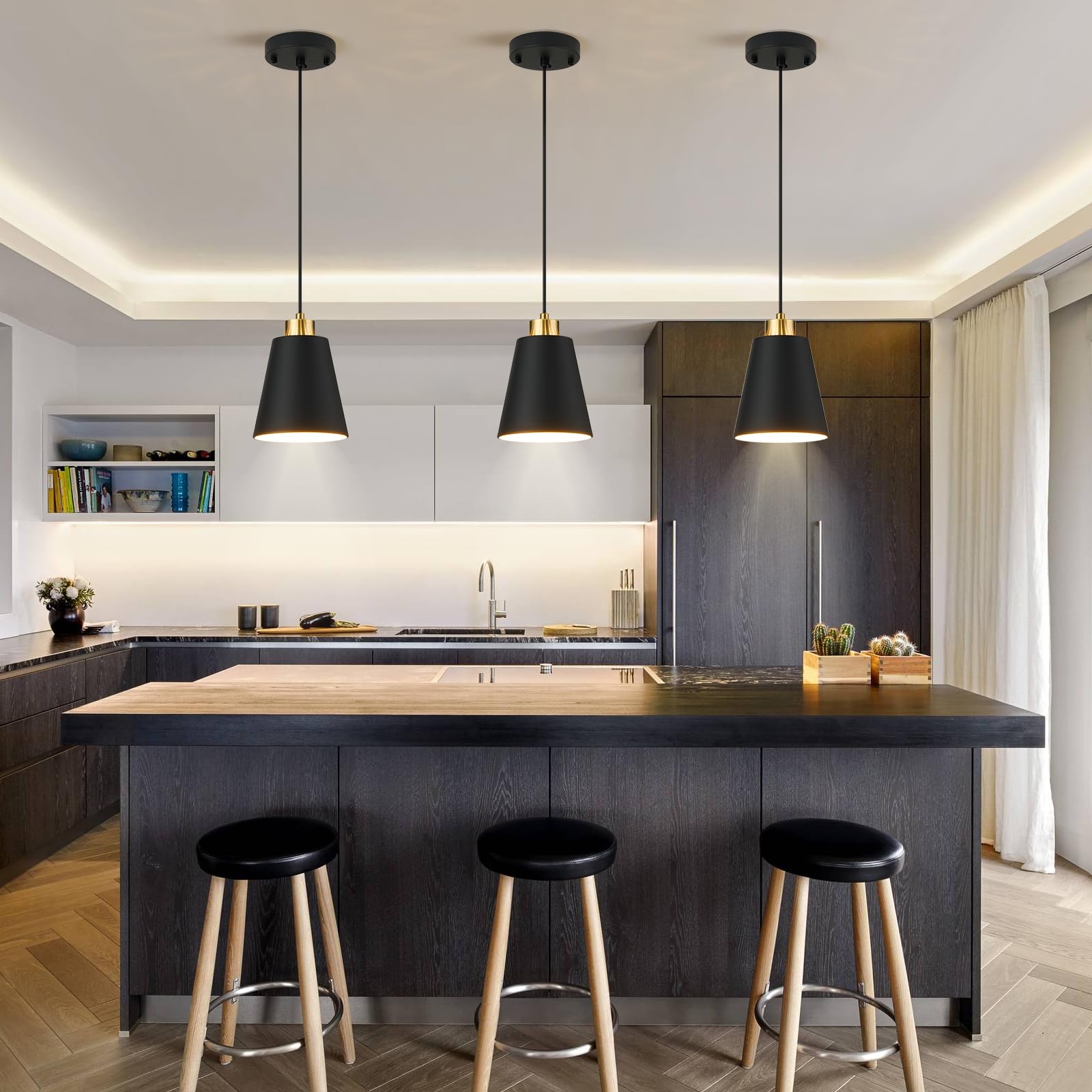 Lamknvs Matte Black Mini Pendant Light 7.87In Cone Kitchen Island Pendant Lighting With Gold Modern Hollow Shade Hanging Light Fixture For Kitchen Dining Room Bar 63 Adjustable Cord  1 Pcs