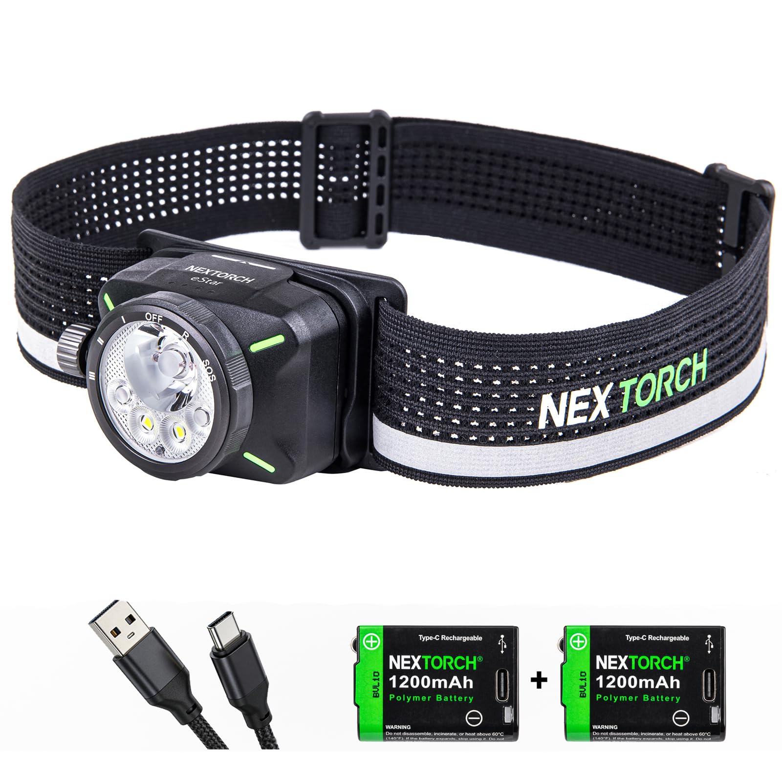 NEXTORCH eStar 1300 Lumens Headlamp Rechargeable, Running LED Headlight Extra Lightweight with Red Light, Waterproof Headband fo