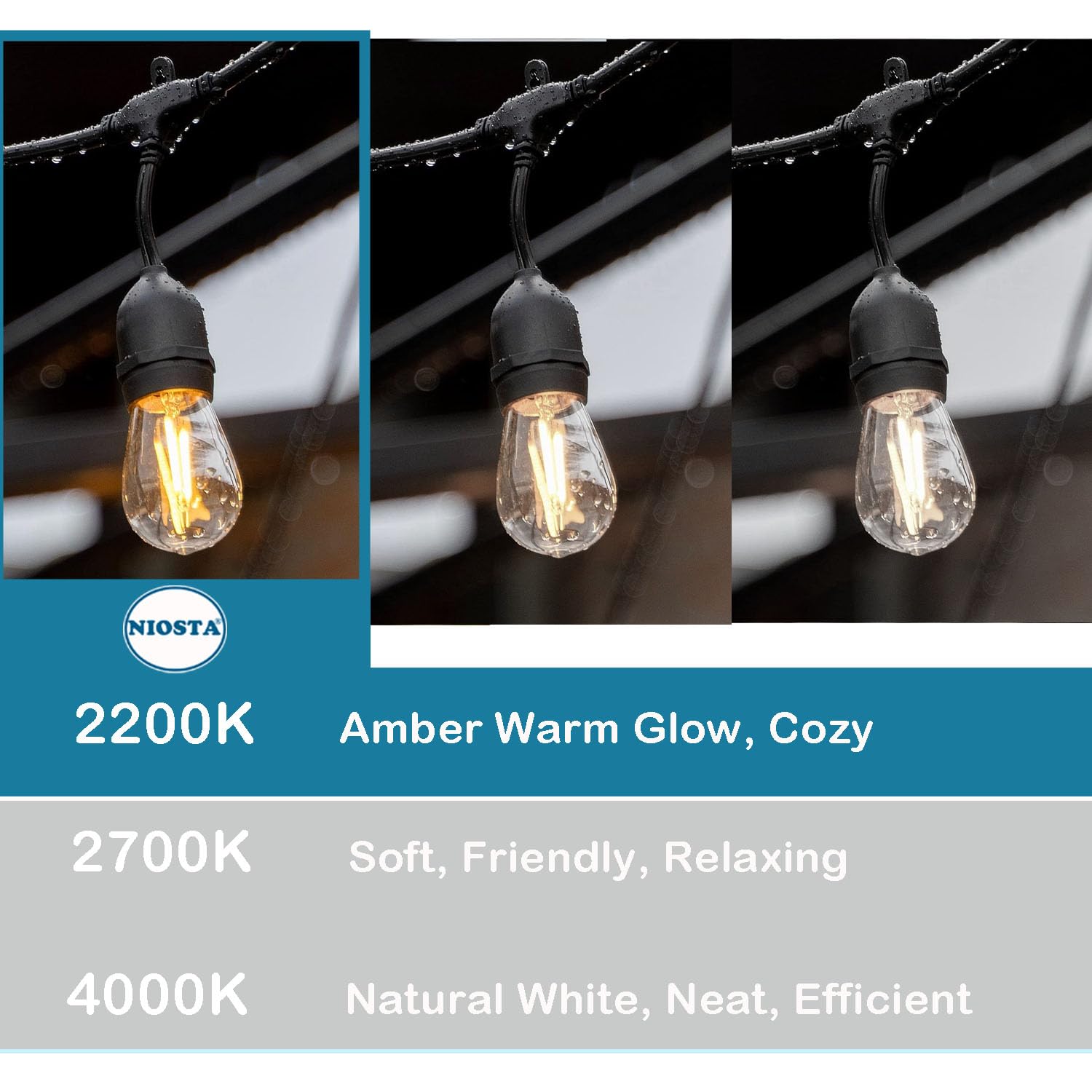 NIOSTA Outdoor Hanging String Lights, 24Ft, 12 LED S14 Bulbs, Dimmable, 2200K Glass Bulb