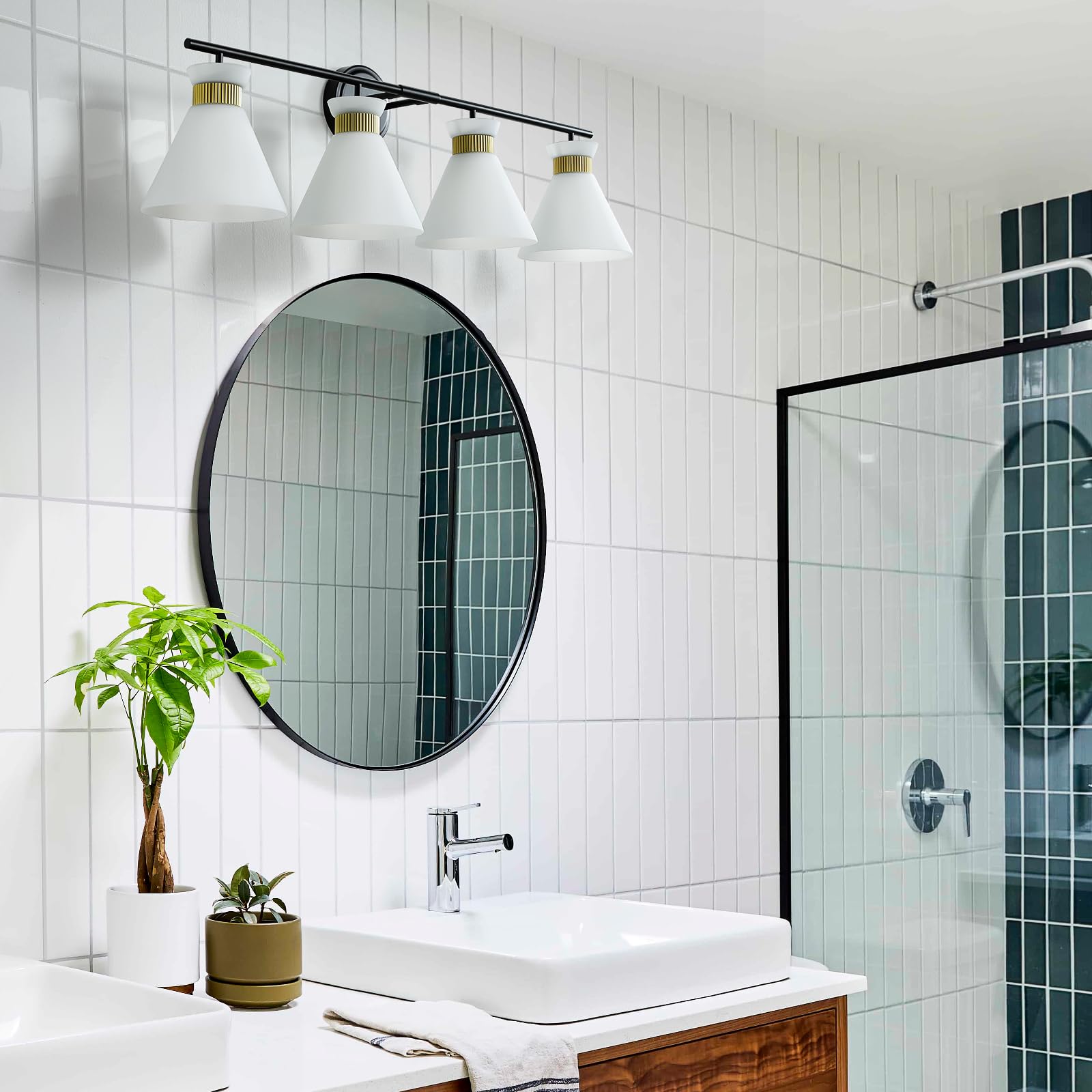 WOSHITU Bathroom Vanity Light Fixtures: 4-Light Mid Century Modern Vanity Lights for Bathroom Over Mirror, Black and Gold Wall S