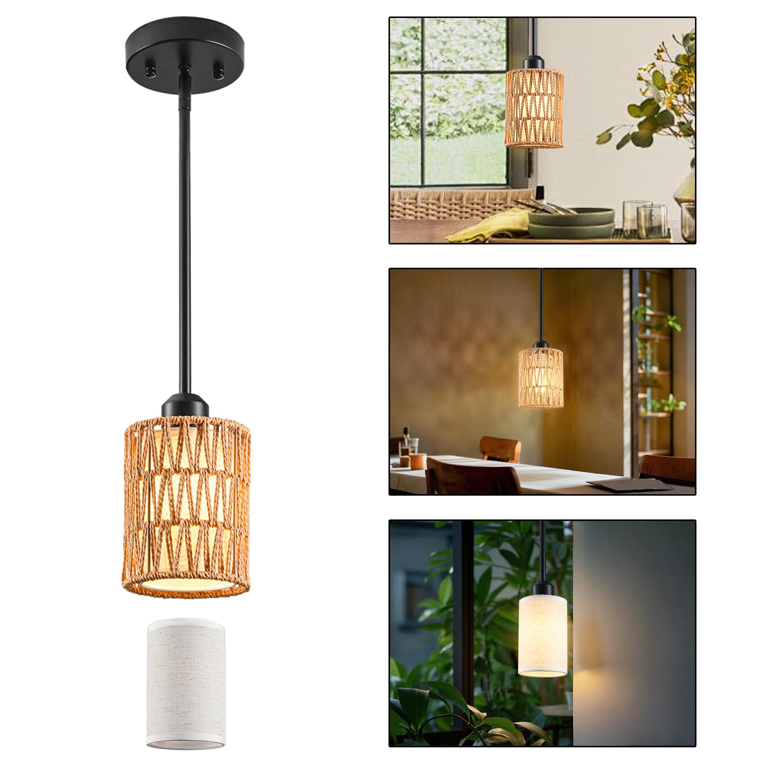 OUVR Rattan Pendant Light  6 Inch 2-in-1 Boho Hanging Fixture with Iron Rods & Linen Shade  Adjustable Height & Sloped Ceiling Compatible for Kitchen Island Dining Room Farmhouse Bedroom  1 Pack