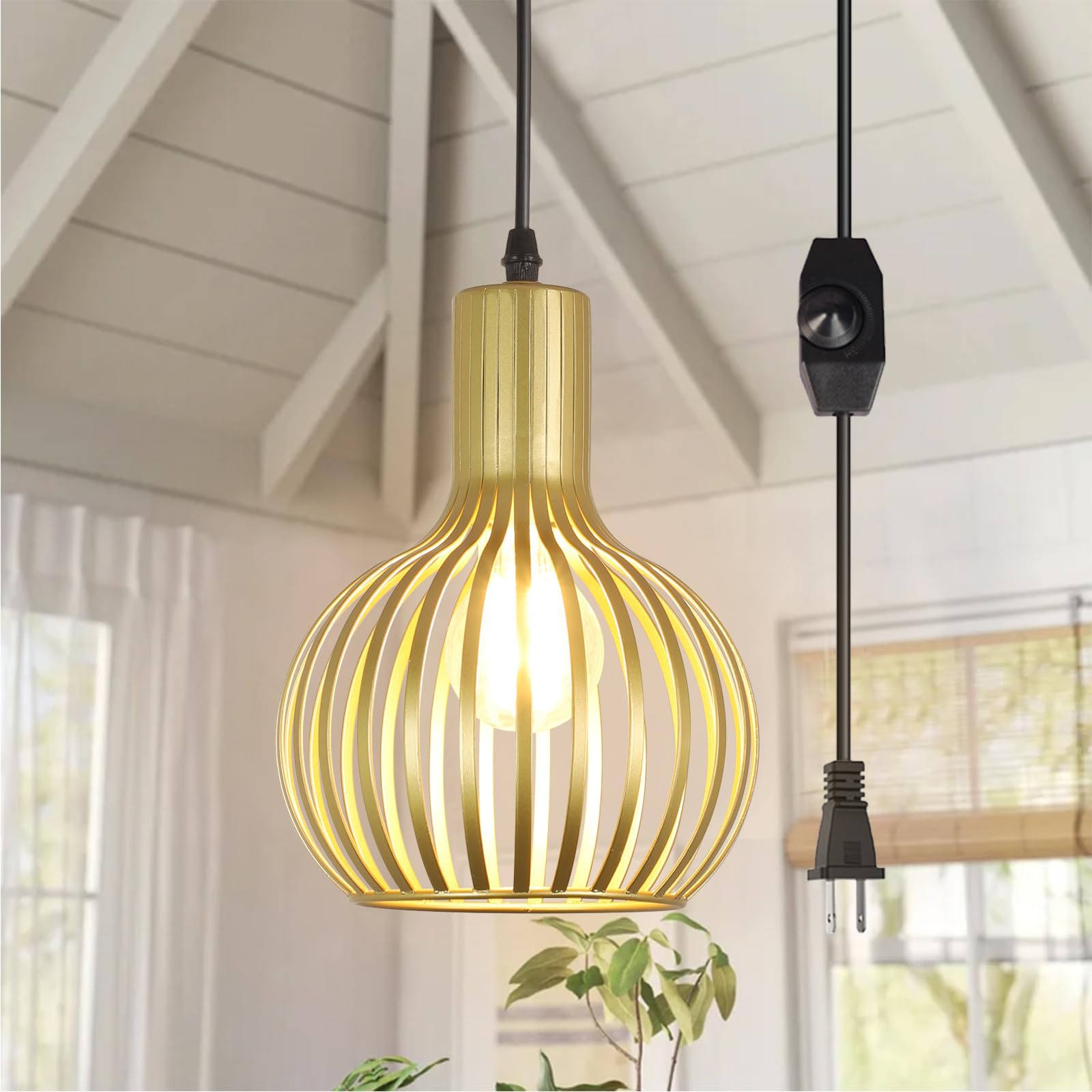 DLLT Plug in Pendant Light Fixtures, Adjustable Gold Pendant Lighting Over Sink, Farmhouse Metal Pendant Lights Kitchen Island, 