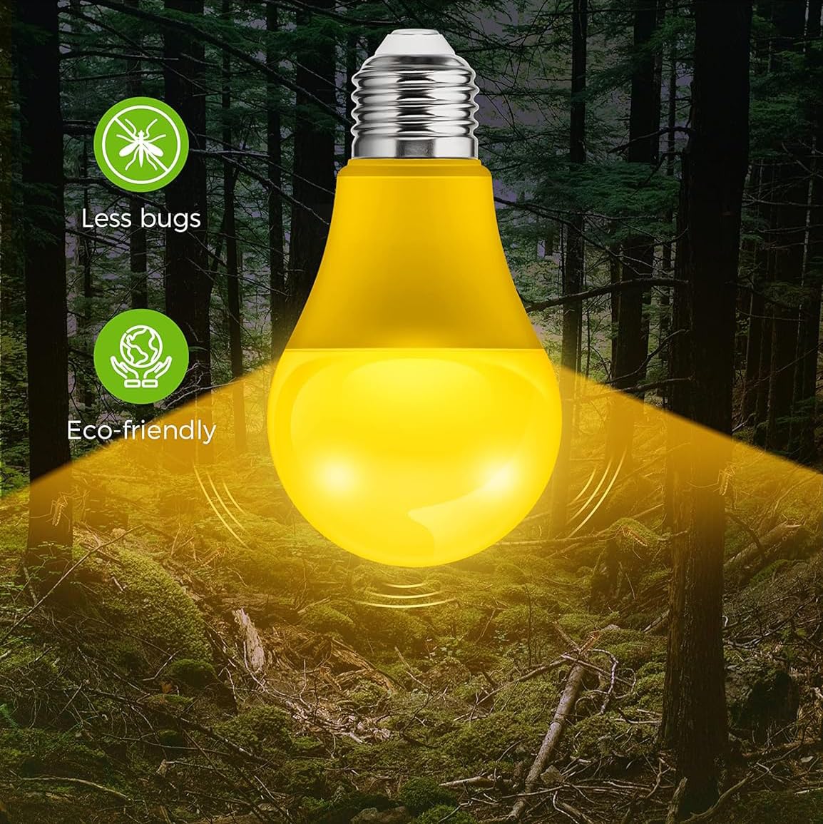 DNIGFEN 4 Pack LED Yellow Bug Light Bulbs, 100W Equivalent A19, E26 Base, Non-Dimmable, Ideal for Parties, Weddings, and Decor