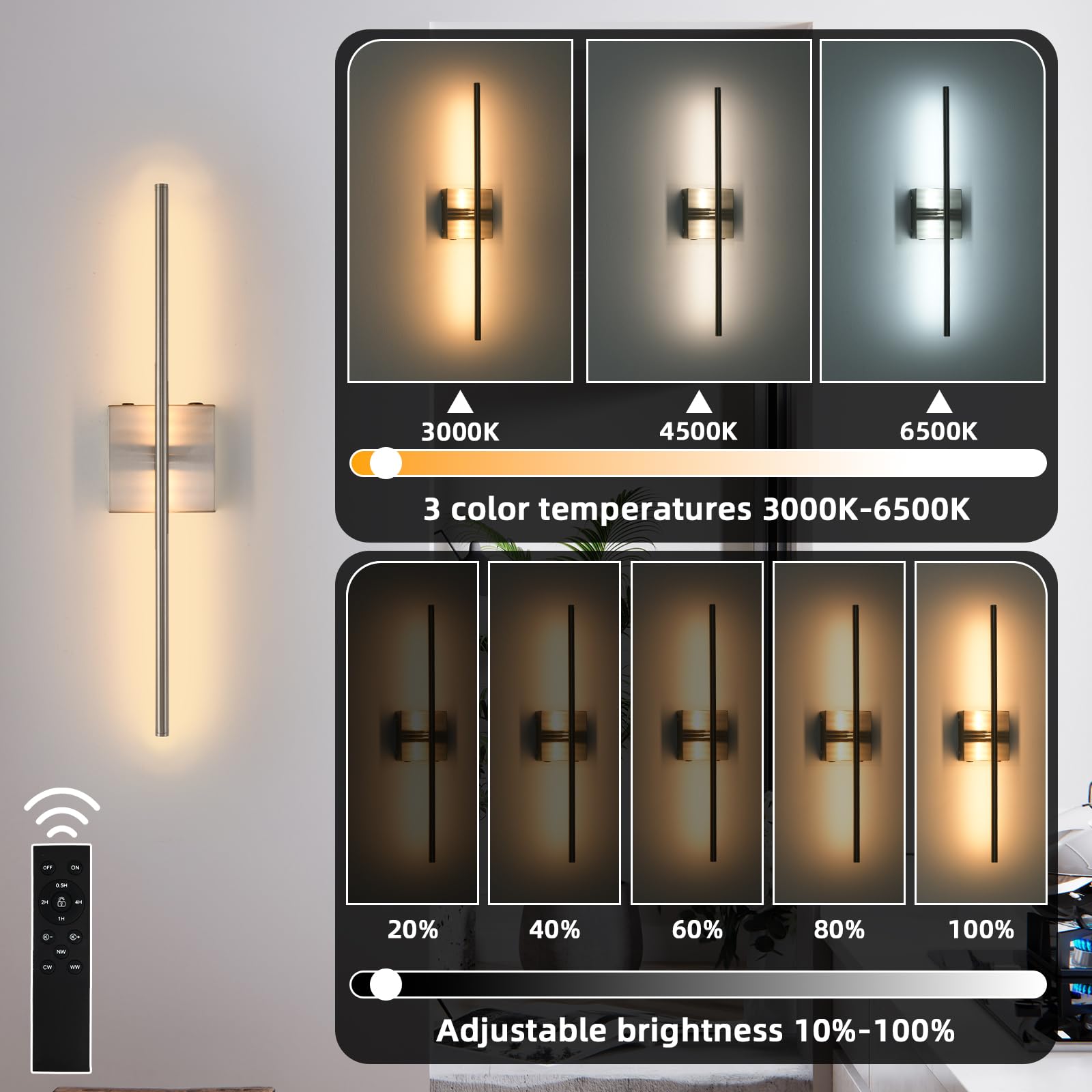 Battery Operated Wall Sconces, Modern Brushed Nickel Rechargeable Wall Sconce With Remote Control, 3000K-6000K Dimmable Led Wire