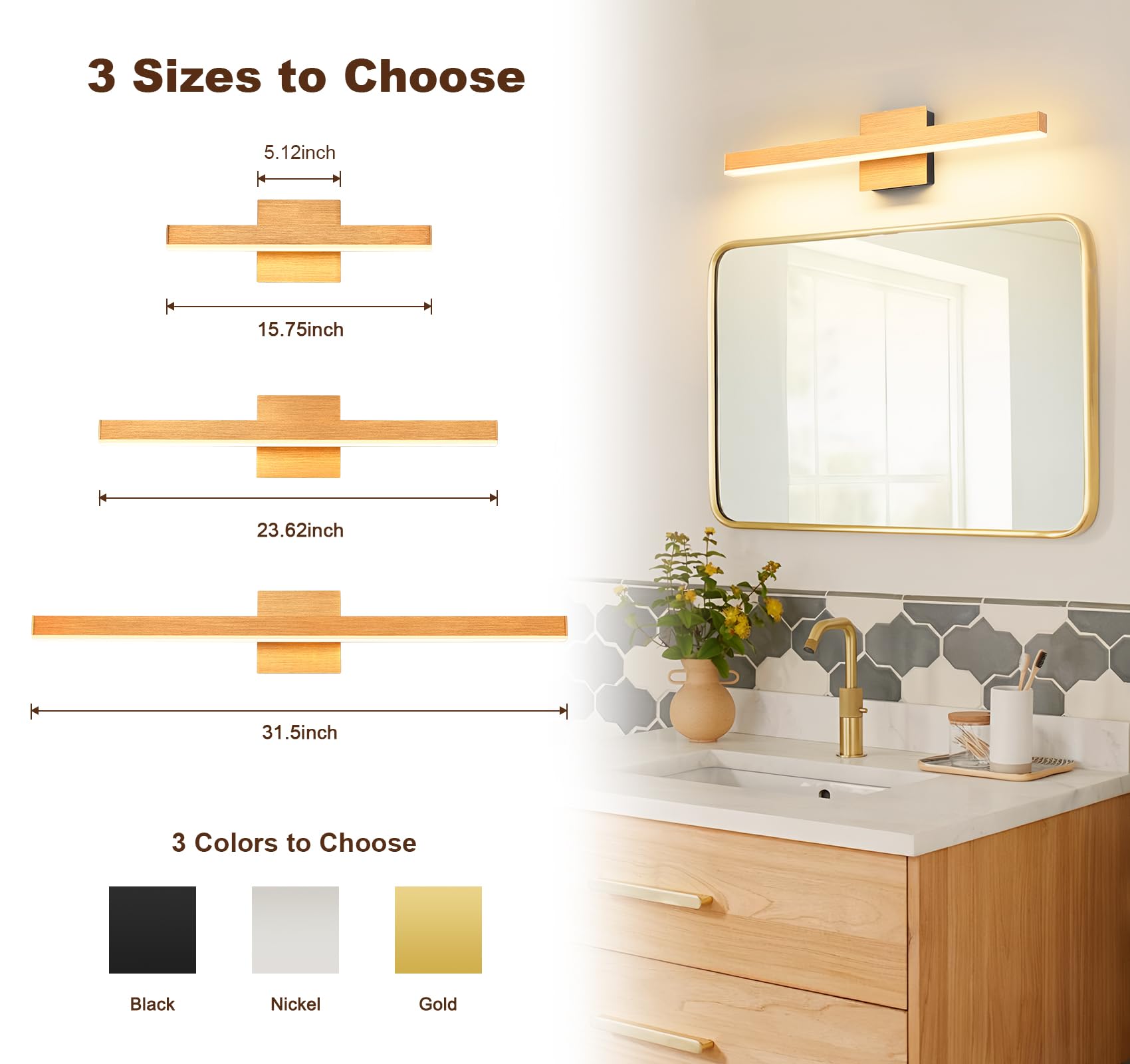 Joossnwell Modern Bathroom Vanity Light 23.62" Dimmable LED, Brushed Gold & Black, ETL Certified, Model 7560-18W-SN-5CCT