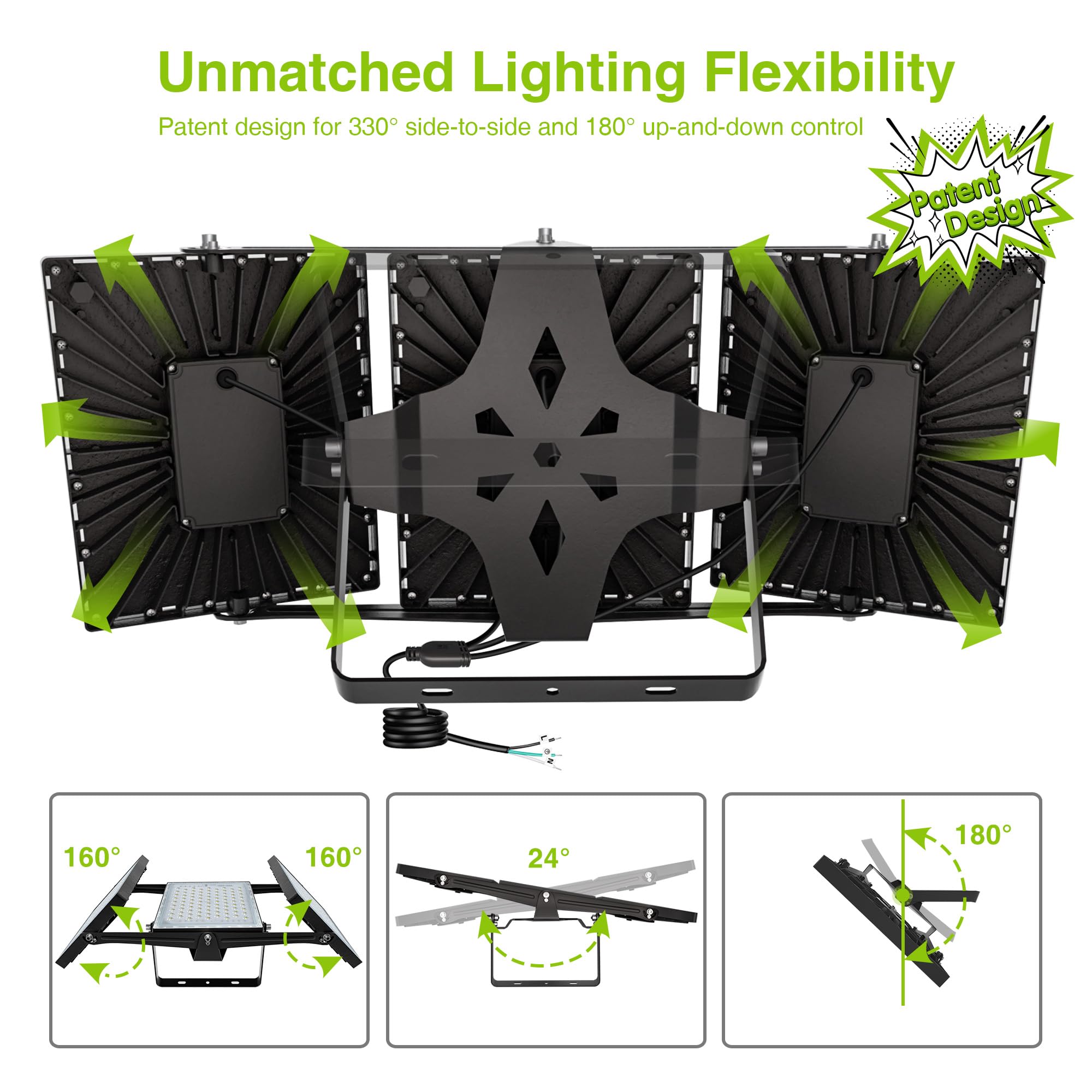 STASUN LED Flood Light 750W 75000lm 6000K IP66 Waterproof 3 Heads Outdoor Security Light, Aluminum, 1 Pack, Model FT5BLK