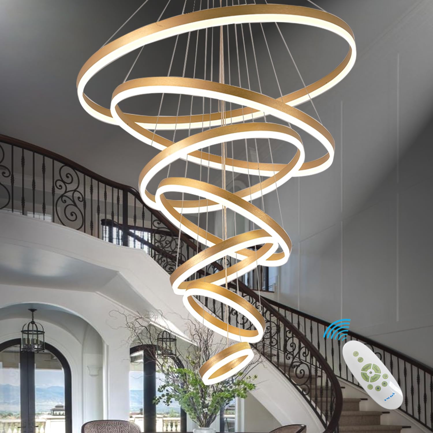 39.37" Larger Chandelier For High Ceilings,7 Ring Chandelier Light Fixture Modern,Dimmable Gold Modern Chandelier With Remote Color Changing,Luxury Foyer Chandelier Entryway High Ceilings Staircase