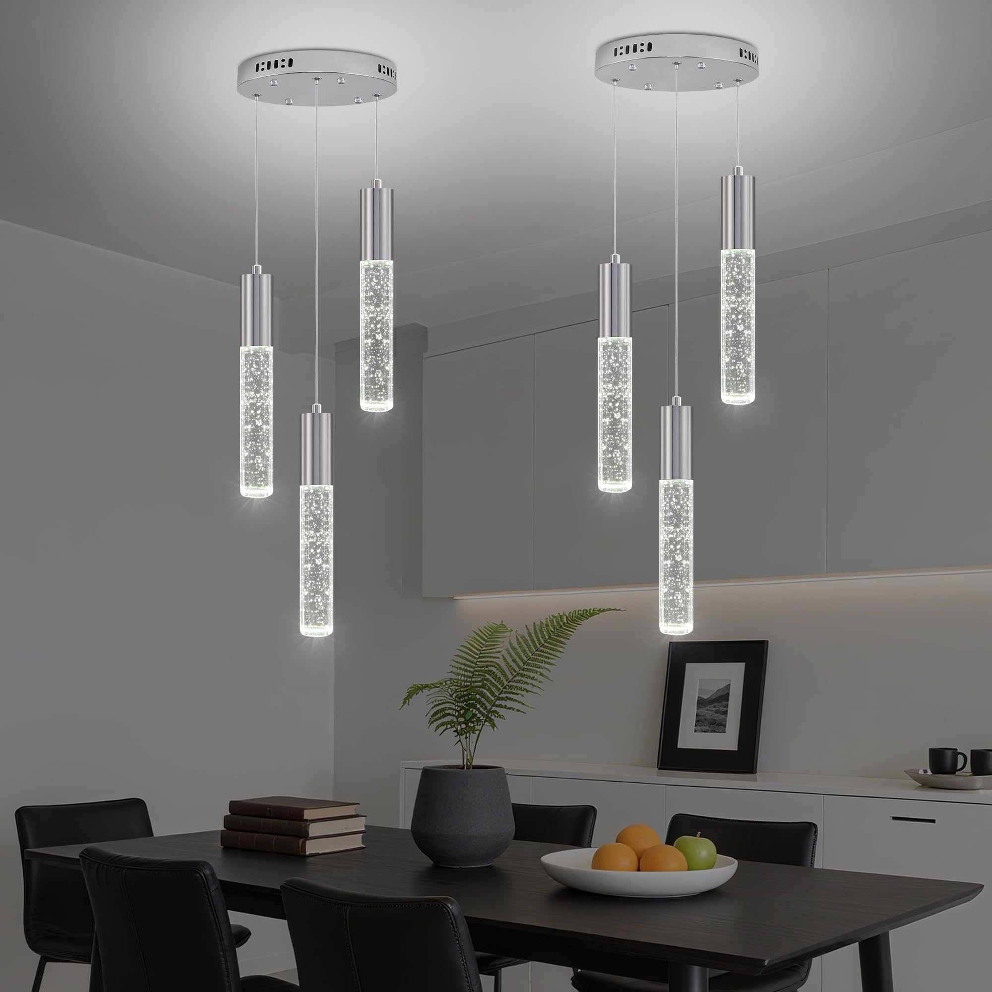 Upfelw Modern Crystal Chandelier for Kitchen Island 3-Lights, Elegant Chrome LED Bubble Pendant Lighting Fixture for Dining Room