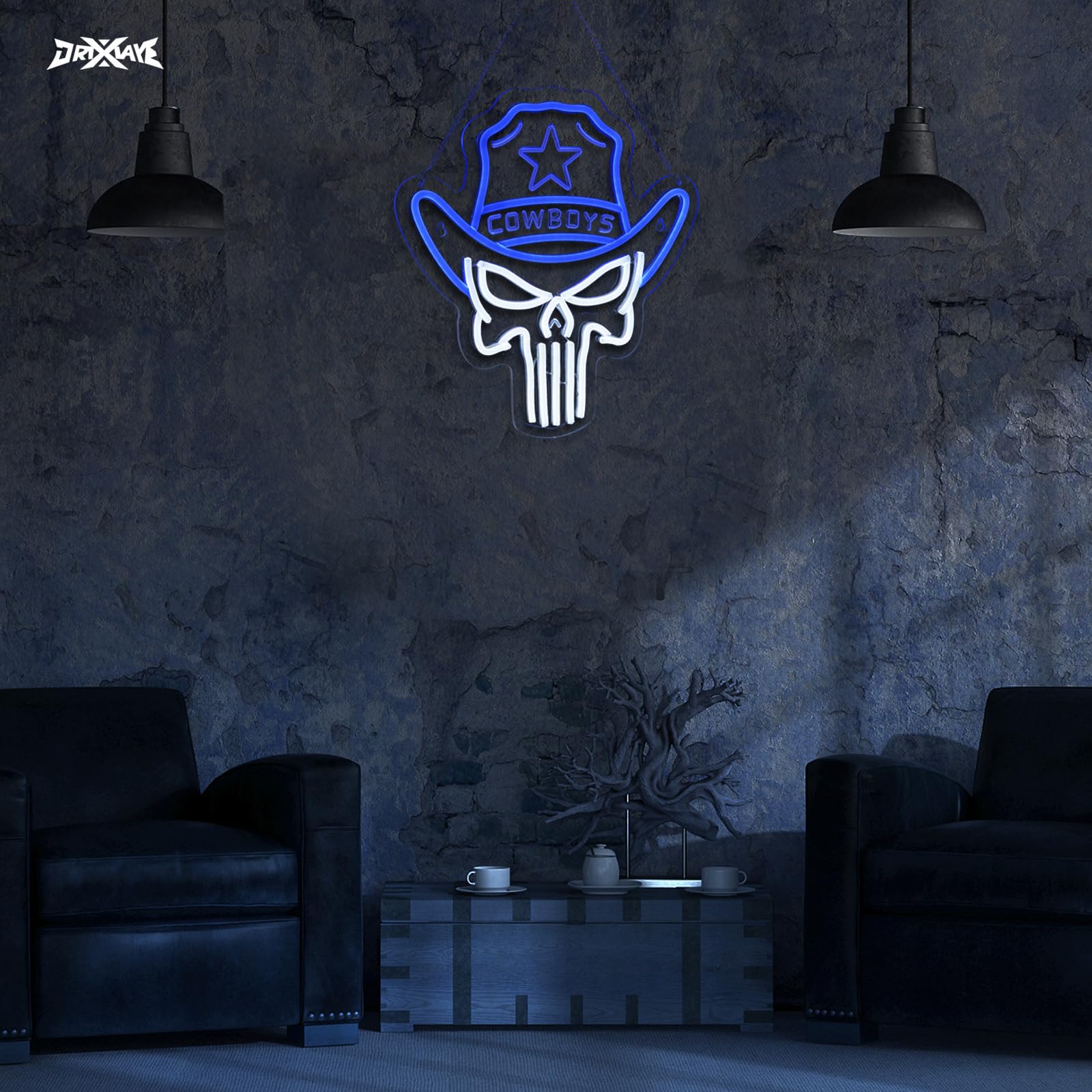 ORIXIAYE Cowboy Neon Sign LED Wall Decor, 13.9inx12.6in, Blue + White Skull, Model ORIXIAYE-A, Polyvinyl Chloride Material
