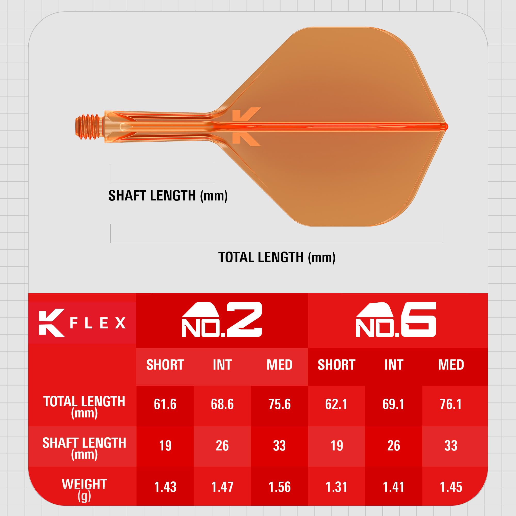 Target Darts K Flex Dart Flights & Shafts, No.2 Orange, Intermediate (26mm), Pack of 3, Model taf1555