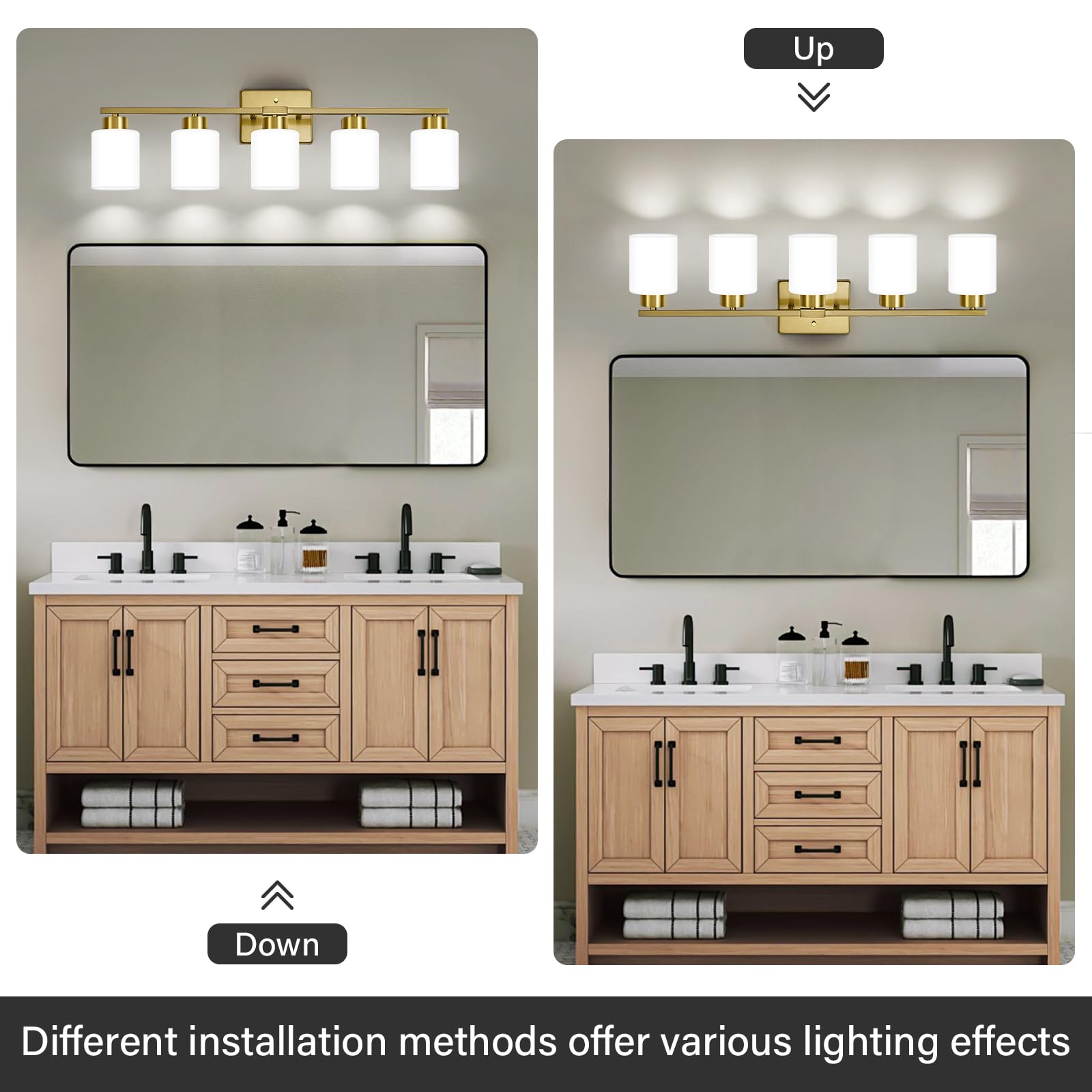 FonmYim 5-Light Bathroom Light Fixture, Brushed Gold Metal Vanity Light with Frosted Glass Shades, Model FY-GB3105-BG5