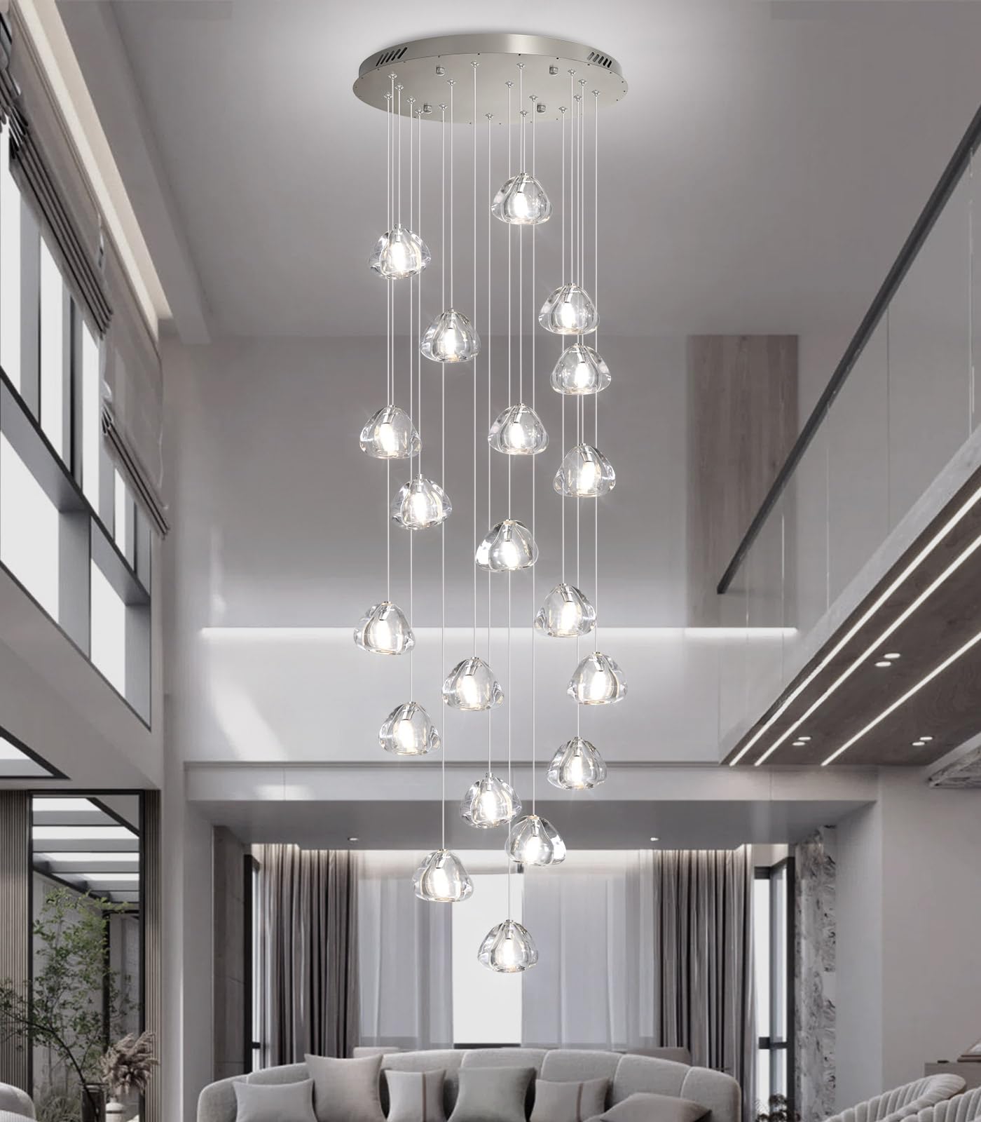 HAIXIANG LED Chandelier 138" Long, 20 Lights, Remote Dimmable, Antique Gold, High Ceiling Lighting Fixture