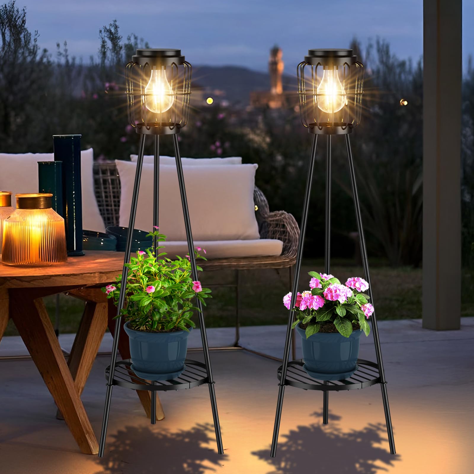 Visflair 2 Pack Solar Lights With Plant Stand, Outdoor Floor Lamp, Waterproof Solar Led Edison Bulb Floor Lamps For Patio Porch