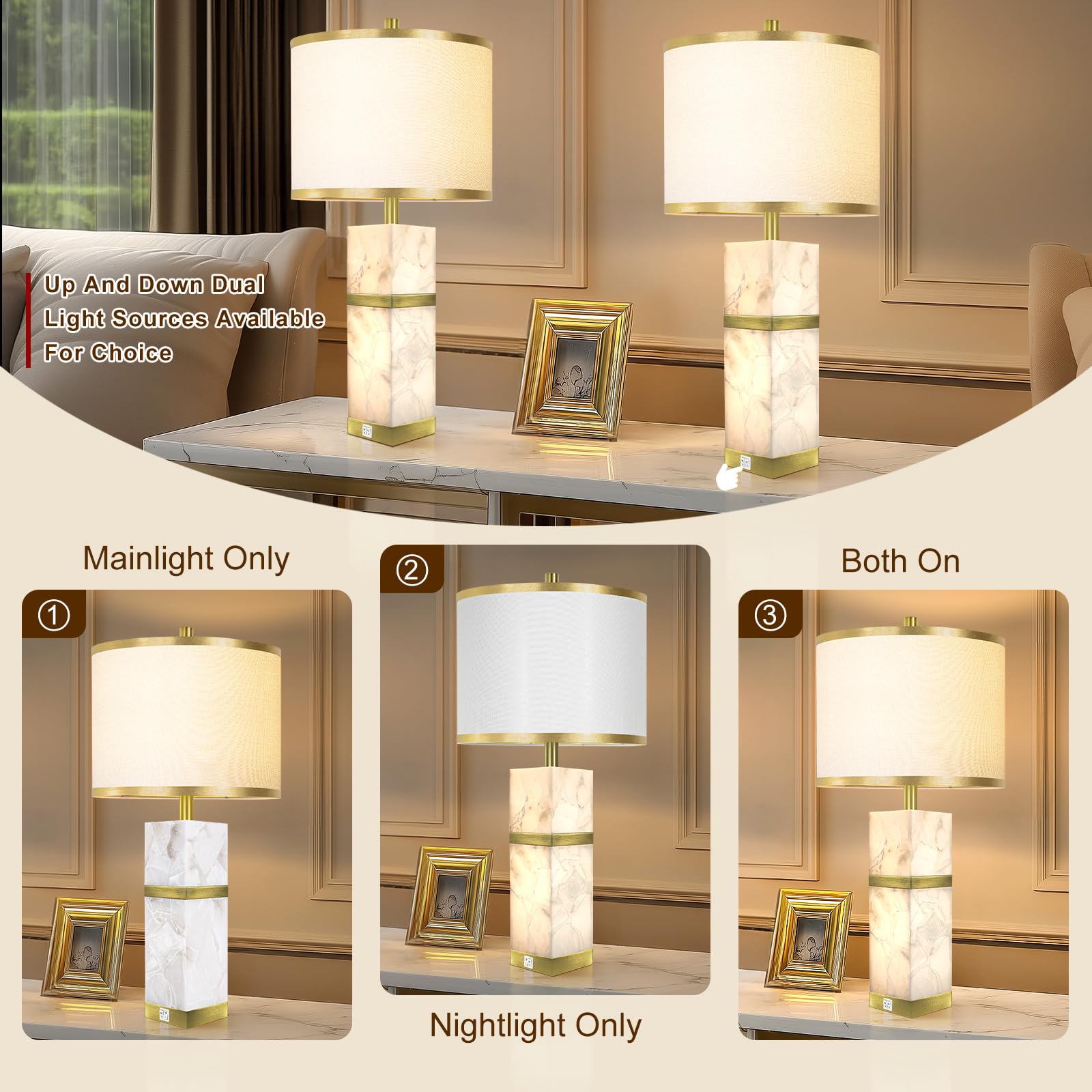 Natural Alabaster Table Lamps Set Of 2 - Table Lamp With Night Light For Bedroom,Nightstand Lamps With Usb Ports,Bedside Lamps W
