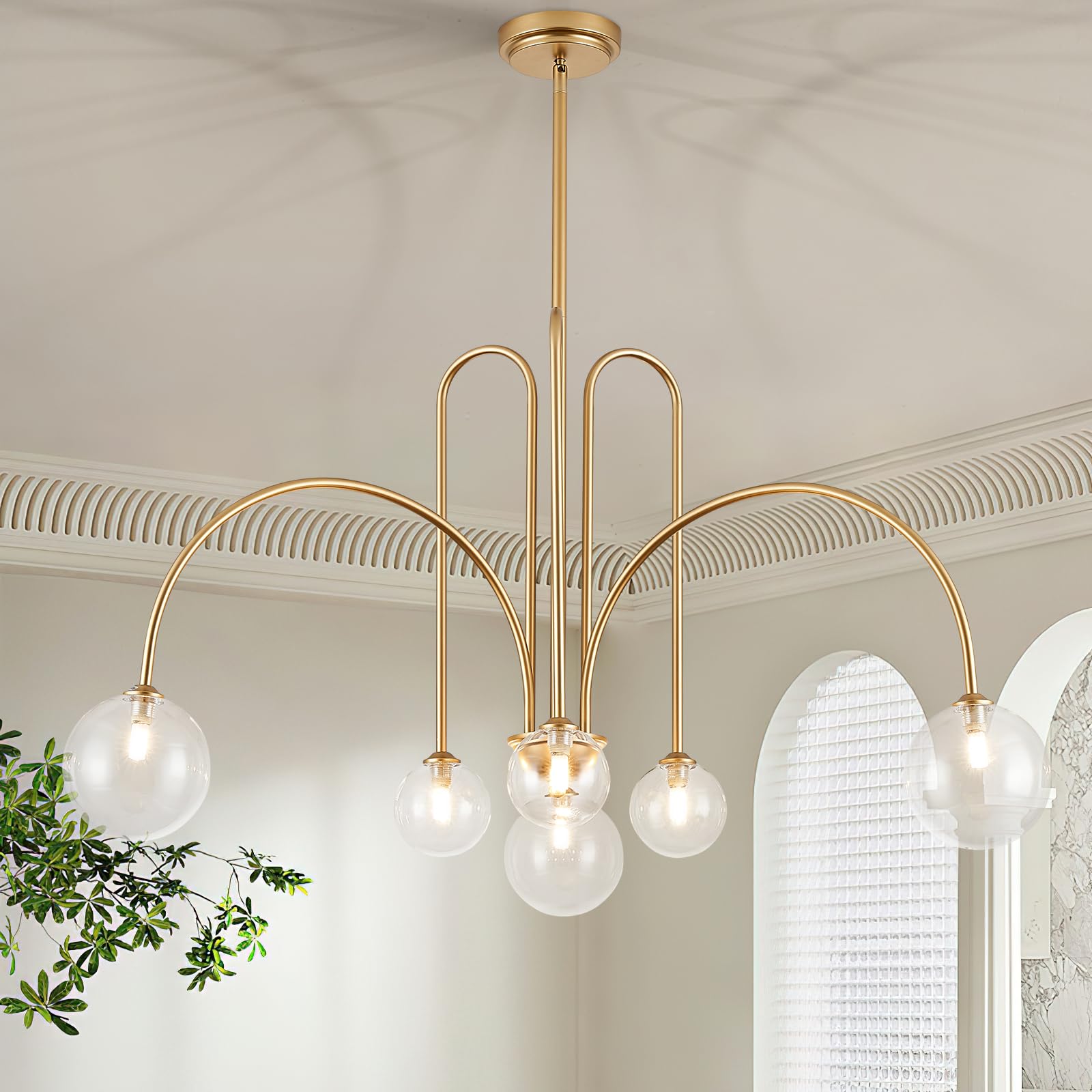 Catiner Gold Sputnik Chandelier,6 Lights Large Modern Chandelier L40”Mid Century Long Ceiling Pendant Light Fixtures For Dining Room With Clear Glass Globe Shades For High Ceiling Foyer Living Room