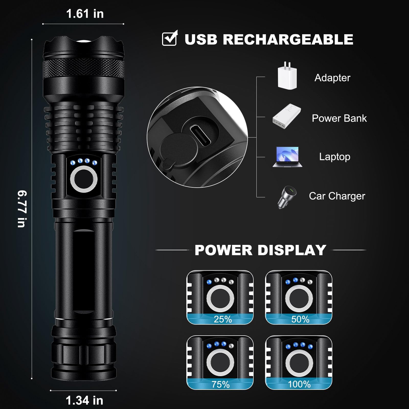 MIXILIN 3 Pack Rechargeable LED Flashlights, 990,000LM, 5 Modes, Waterproof, Aluminum, Black, Model F50-3
