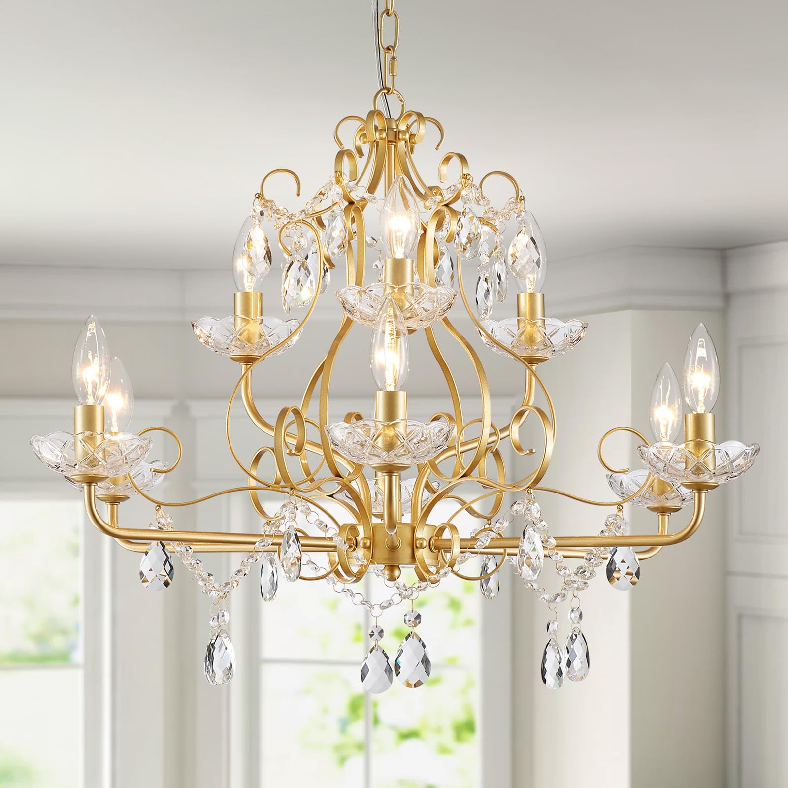 Wuzups 9-Light Crystal Candle Chandelier Pendant Flushmount Ceiling Light Modern Lighting Fixture For Bedroom Hallway Bar Kitchen Bathroom  H 18.1 X W 25.6  Gold  E12 Base