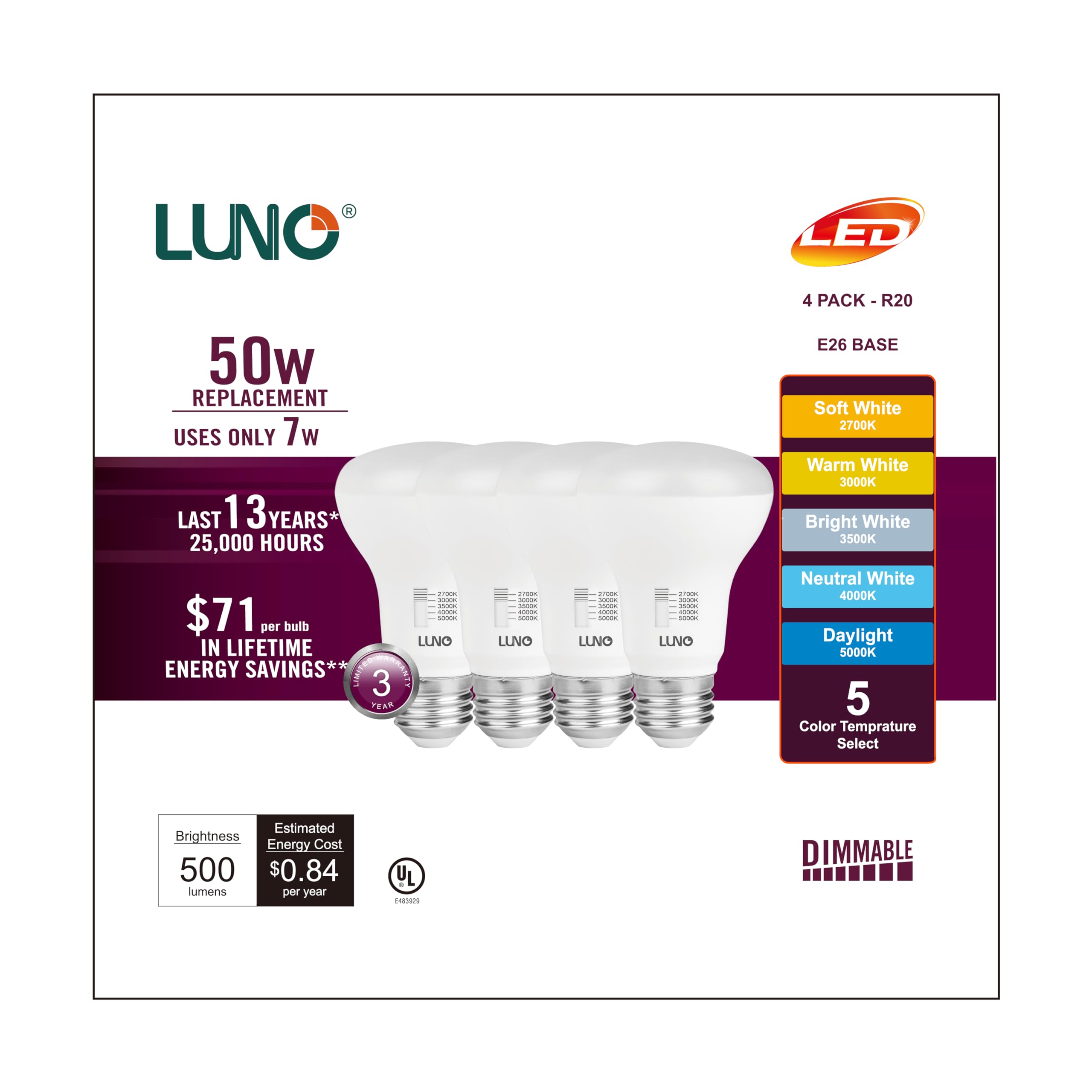 Luno R20 Dimmable Led Bulb, Color Selectable, 7W (50W Equivalent), 500 Lumens, 2700K, 3000K, 3500K, 4000K, 5000K, 5Cct, Flicker