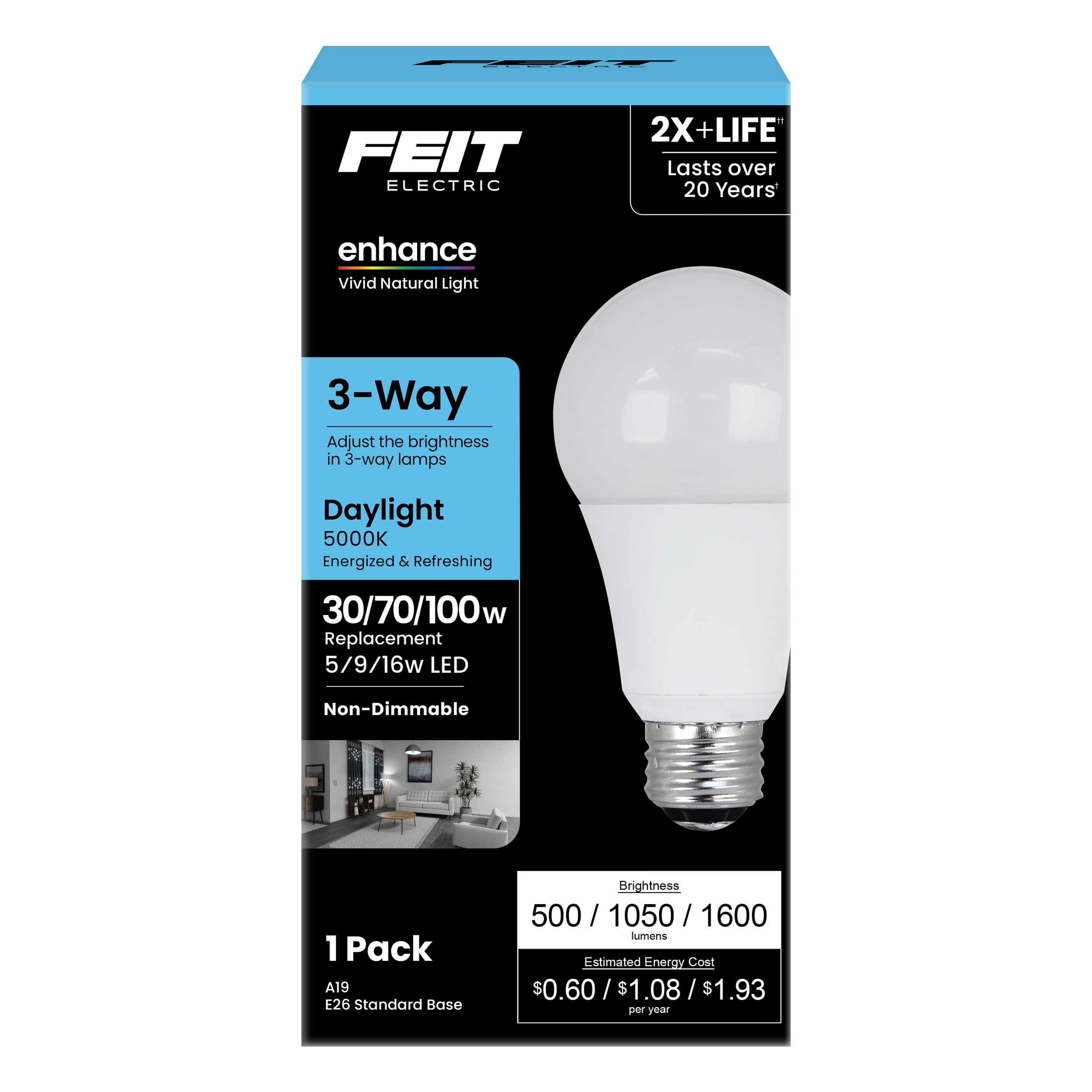 Feit Electric A19 Led Light Bulb, 3-Way Adjustable Wattage 30/70/100W Equivalent, E26 Base, Non-Dimmable, 1600 Lumen, 5000K Dayl