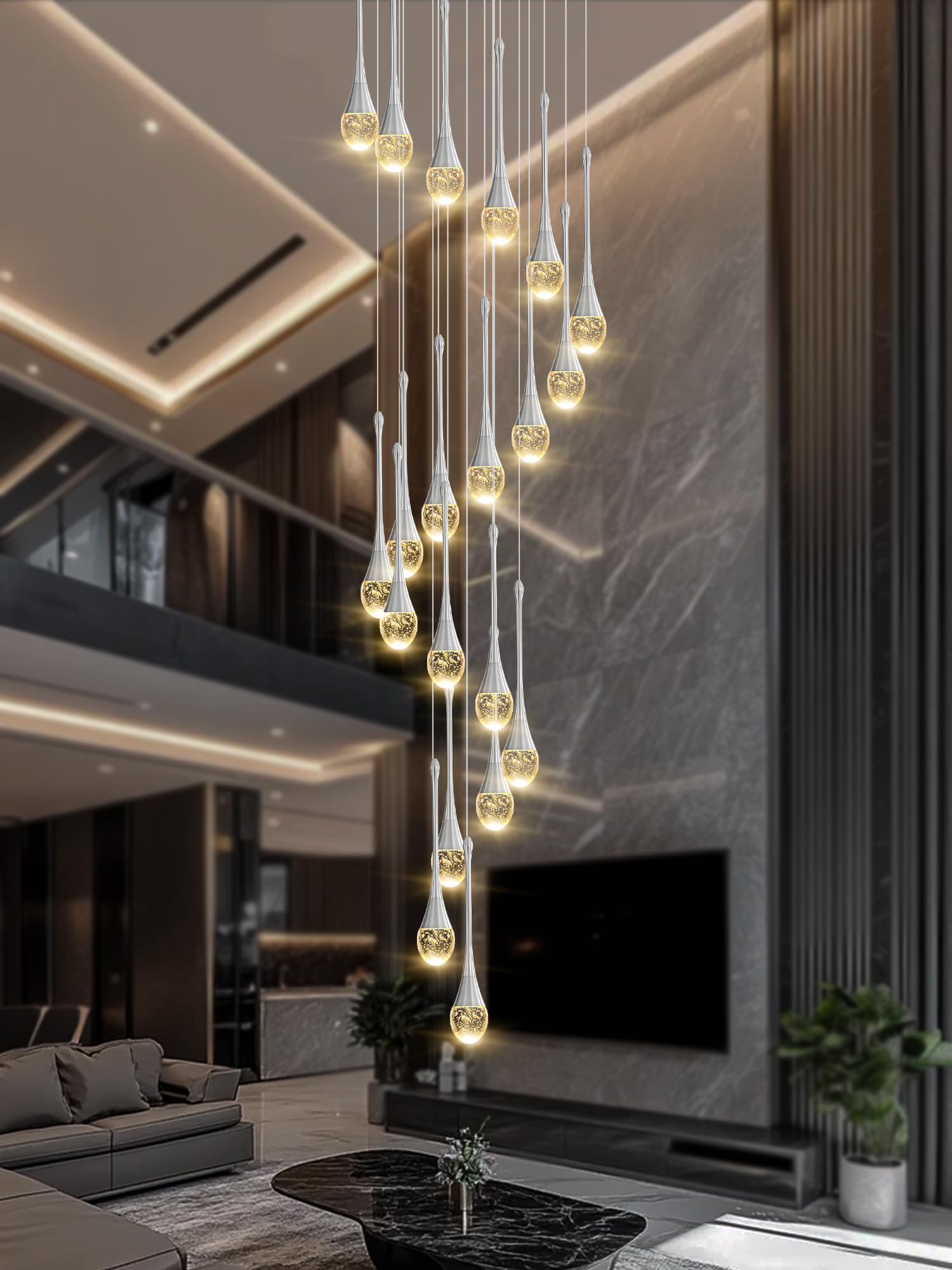 Ykolupty Raindrop Crystal Chandeliers 138'' High Ceiling Foyers Entrance Chandeliers Staircase Long Pendant Light Dimmbale Led 2700-6000K