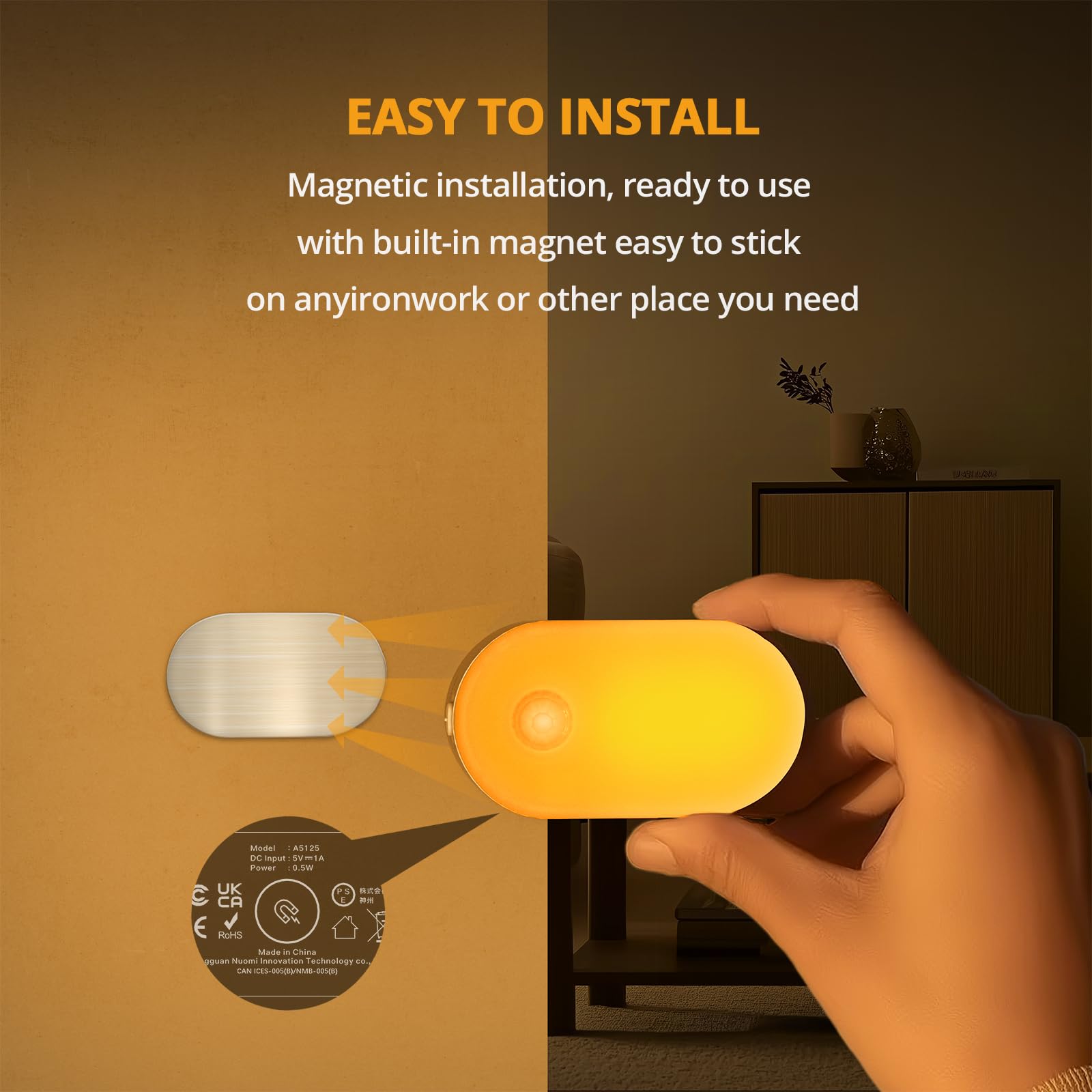 Lyridz Rechargeable Night Light with Motion Sensor, Dimmable Amber Nightlights for Bathroom, Bedroom, Kids Room, Hallway, Stairs