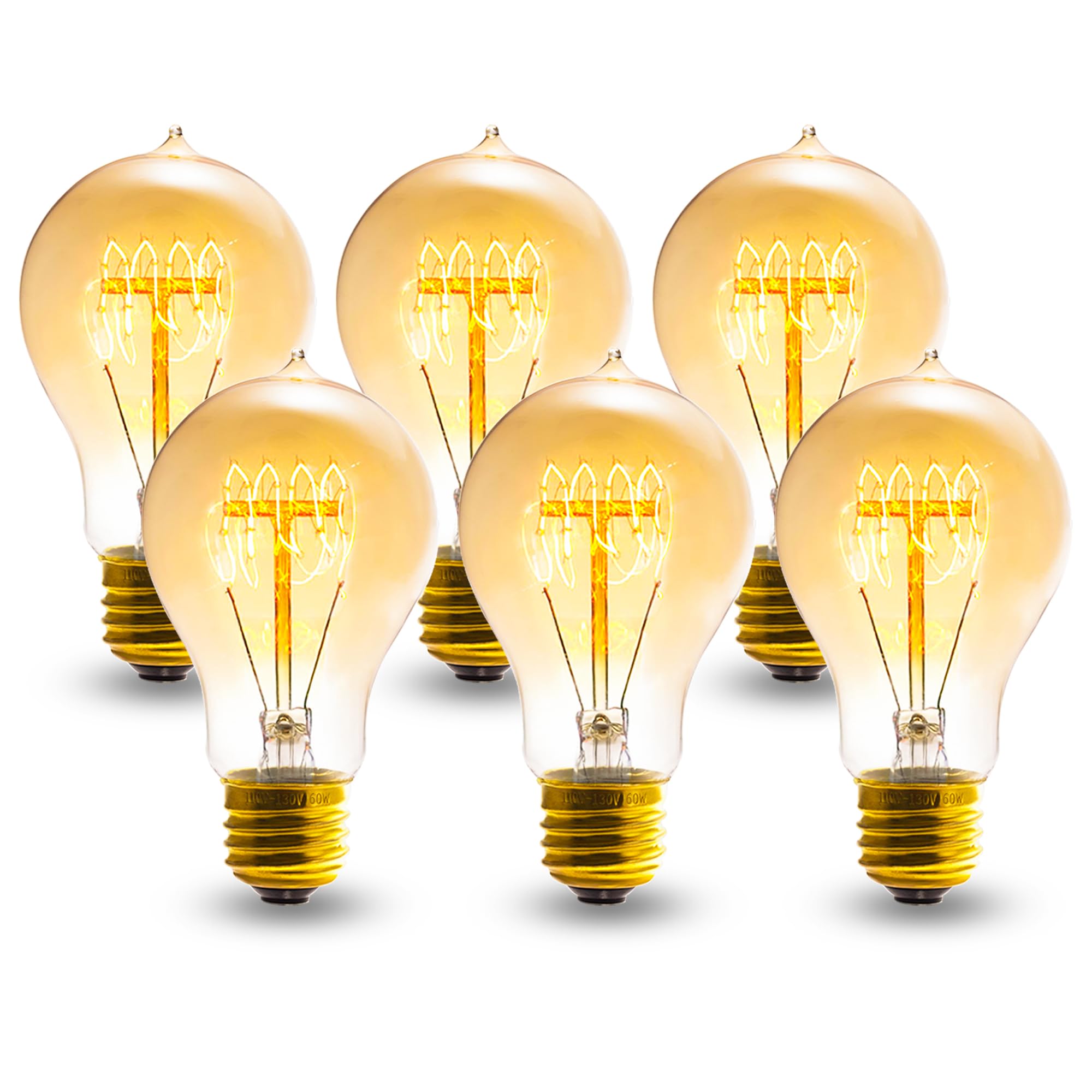 Sevici Edison Bulb, A19 Bulb Pack Of 6, Dimmable 120V 60W Amber Glass, 2200K Warm Yellow Light 280 Lumens E26 Base, Retro Style 