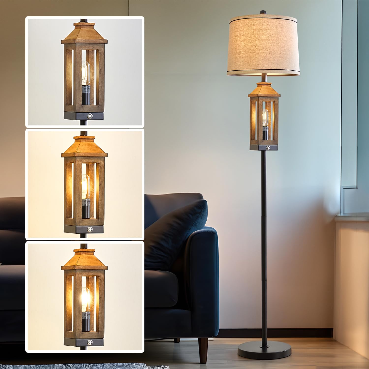 G-Safava 63&quot; Black Farmhouse Floor Lamp, Rustic Wood Design For Living Room & Bedroom Decor