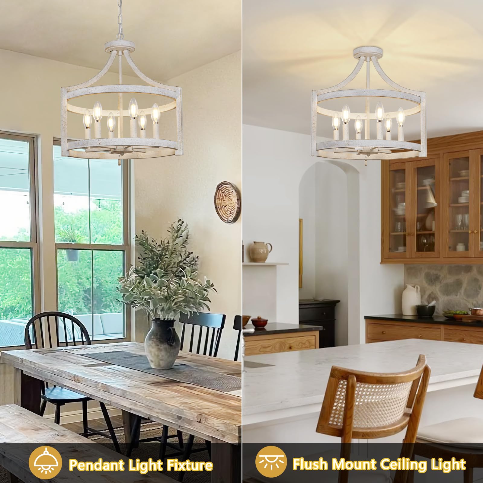 KMaiPem 6-Light Vintage White Farmhouse Chandelier, Metal Pendant Light Fixture for Dining Room, Entryway, Rustic Style