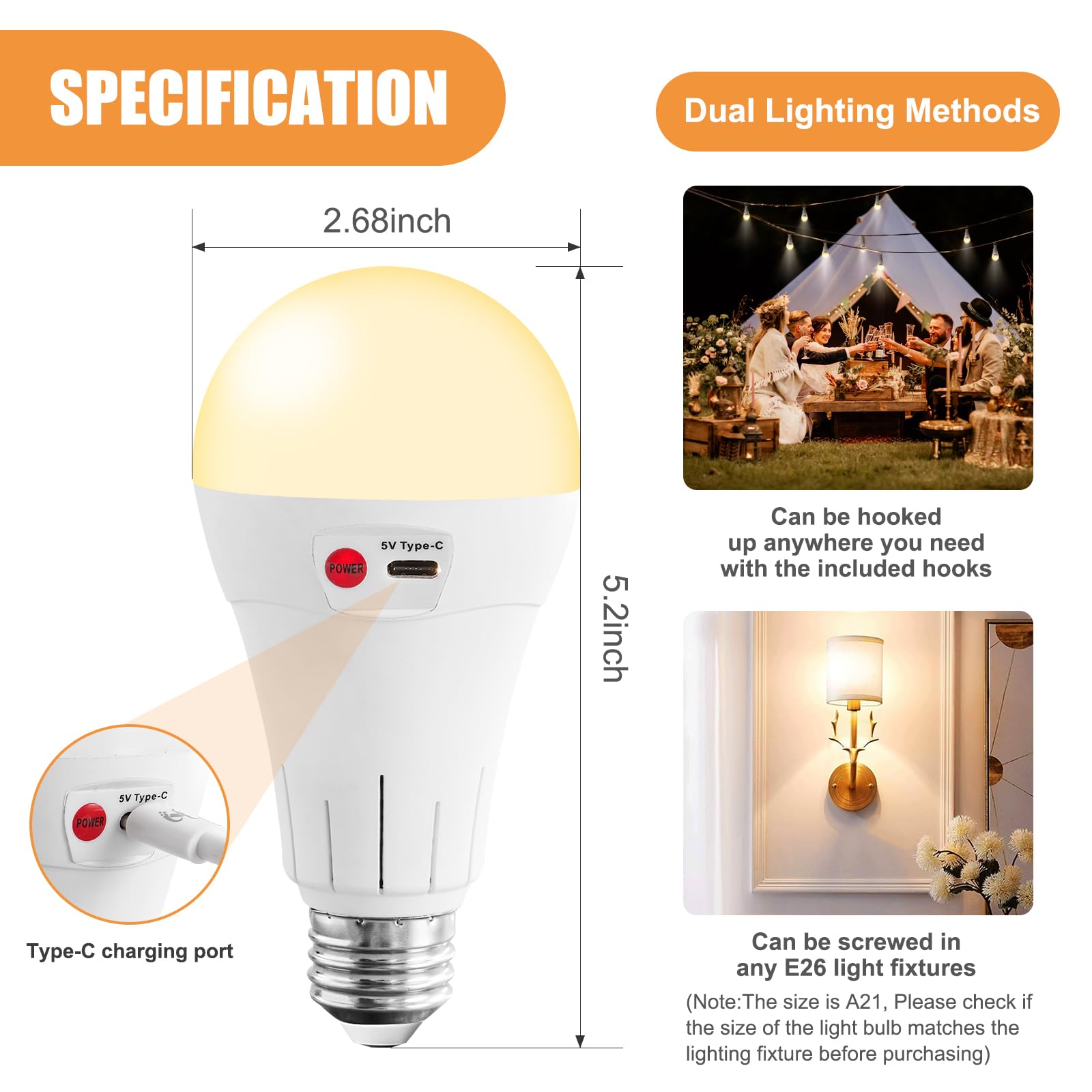 Vitnucrol 1 Pack Rechargeable Light Bulbs With Remote, E26 Wireless Battery Operated Light Bulb For Lamps, 2600Mah Dimmable Time