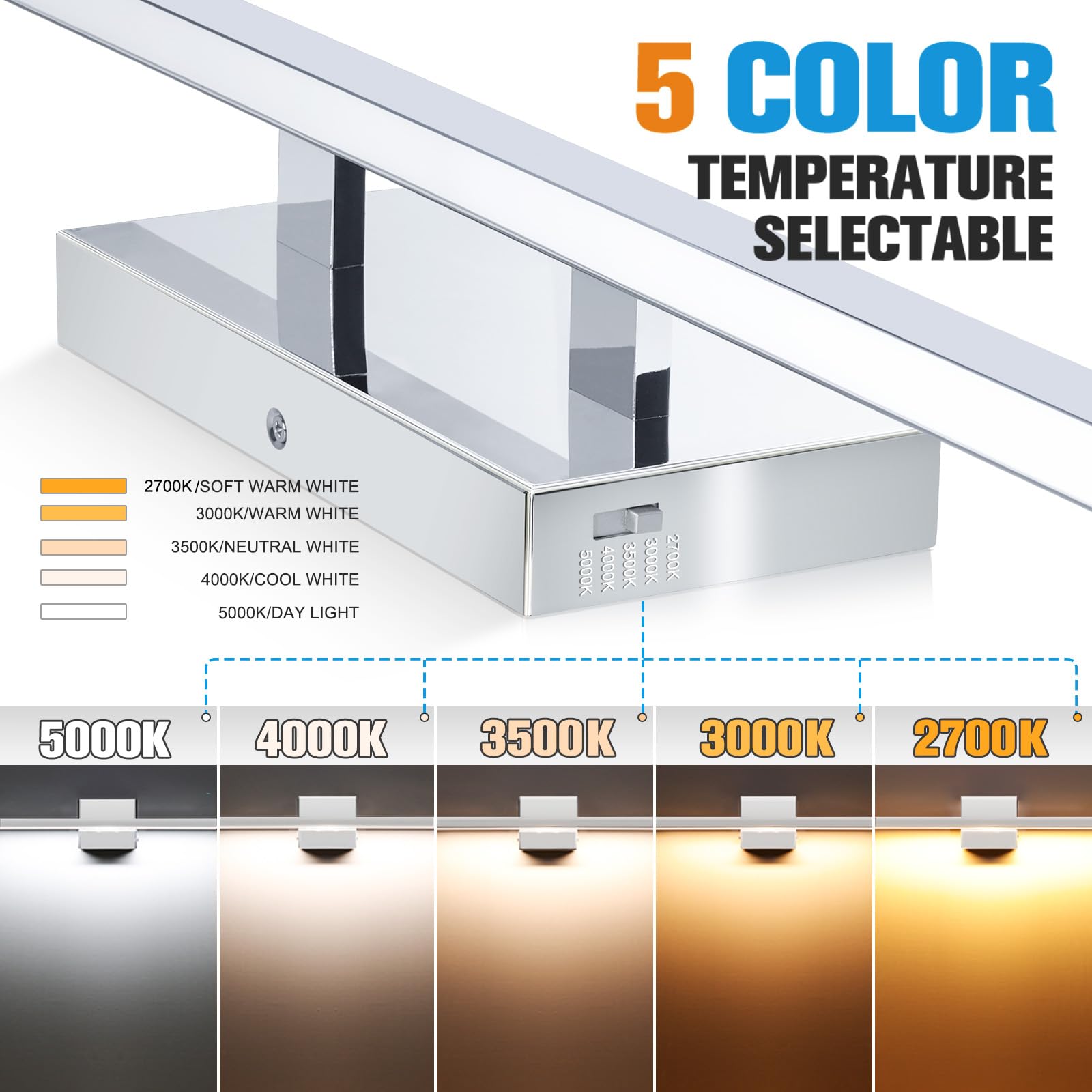 VOLISUN 48-Inch Dimmable Bathroom Vanity Light, 30W 5CCT LED, Chrome, Model 21175ZM, Metal