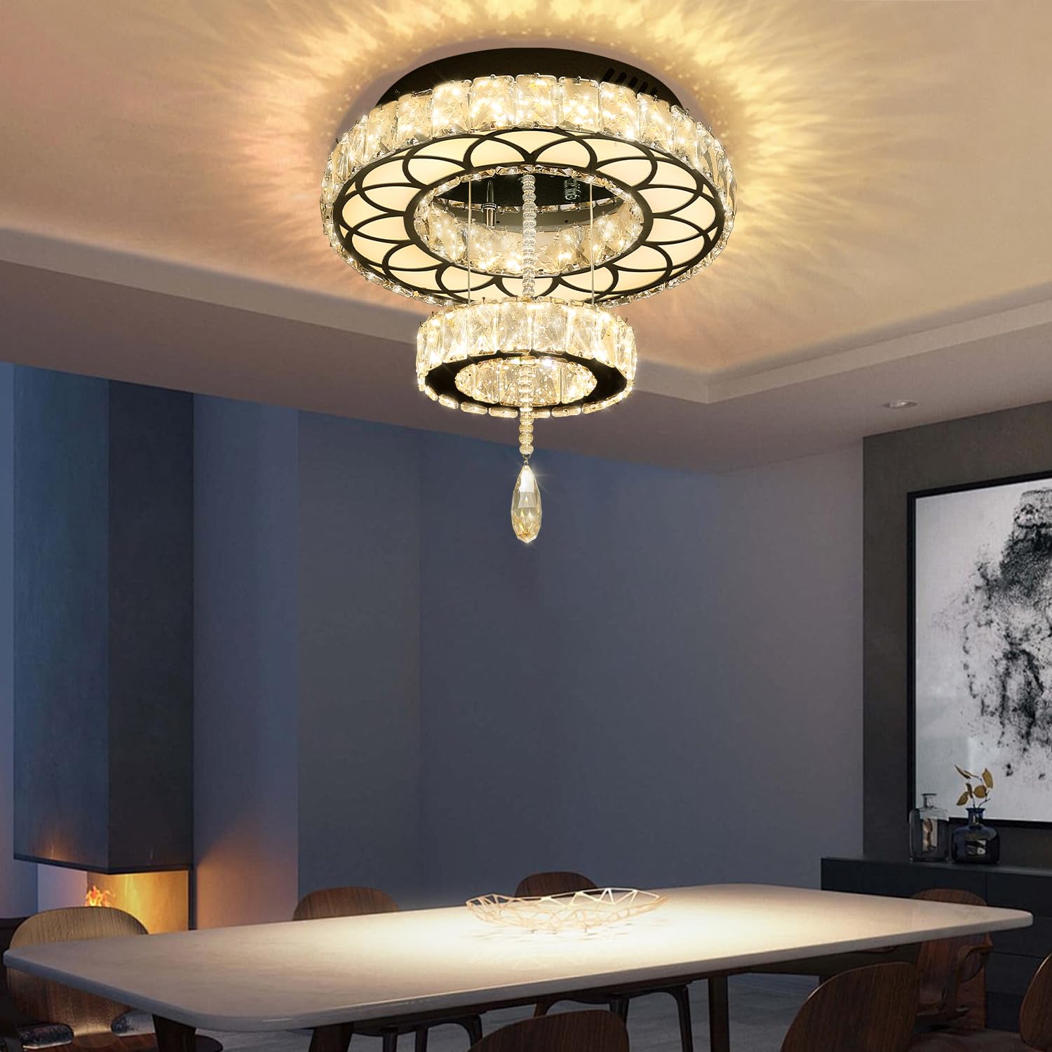 Flashing God 16" Crystal Chandelier Black LED Flush Mount Light for Living Room, Bedrooms, Dining Room - Dimmable 2700K/4500K/6000K