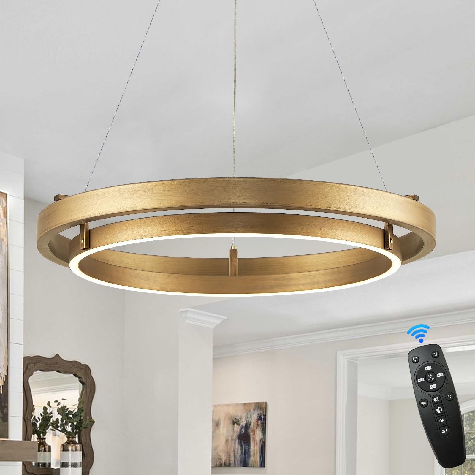 LED Ring Chandelier Brass Gold Chandelier Dimmable Round Foyer Chandeliers Light Modern Circular Chandeliers for Dining Room Ent