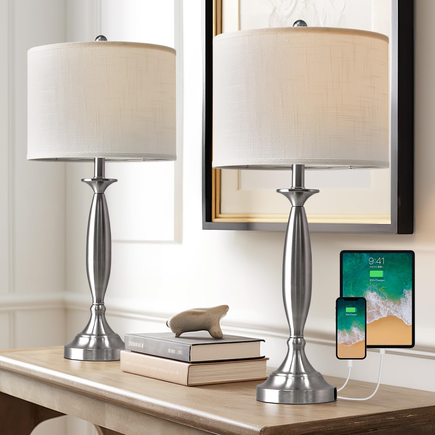Oneach Table Lamps Set of 2, 27in Modern Fabric Drum Shade, USB Charging Port, Brushed Steel, Model AMZ-T523