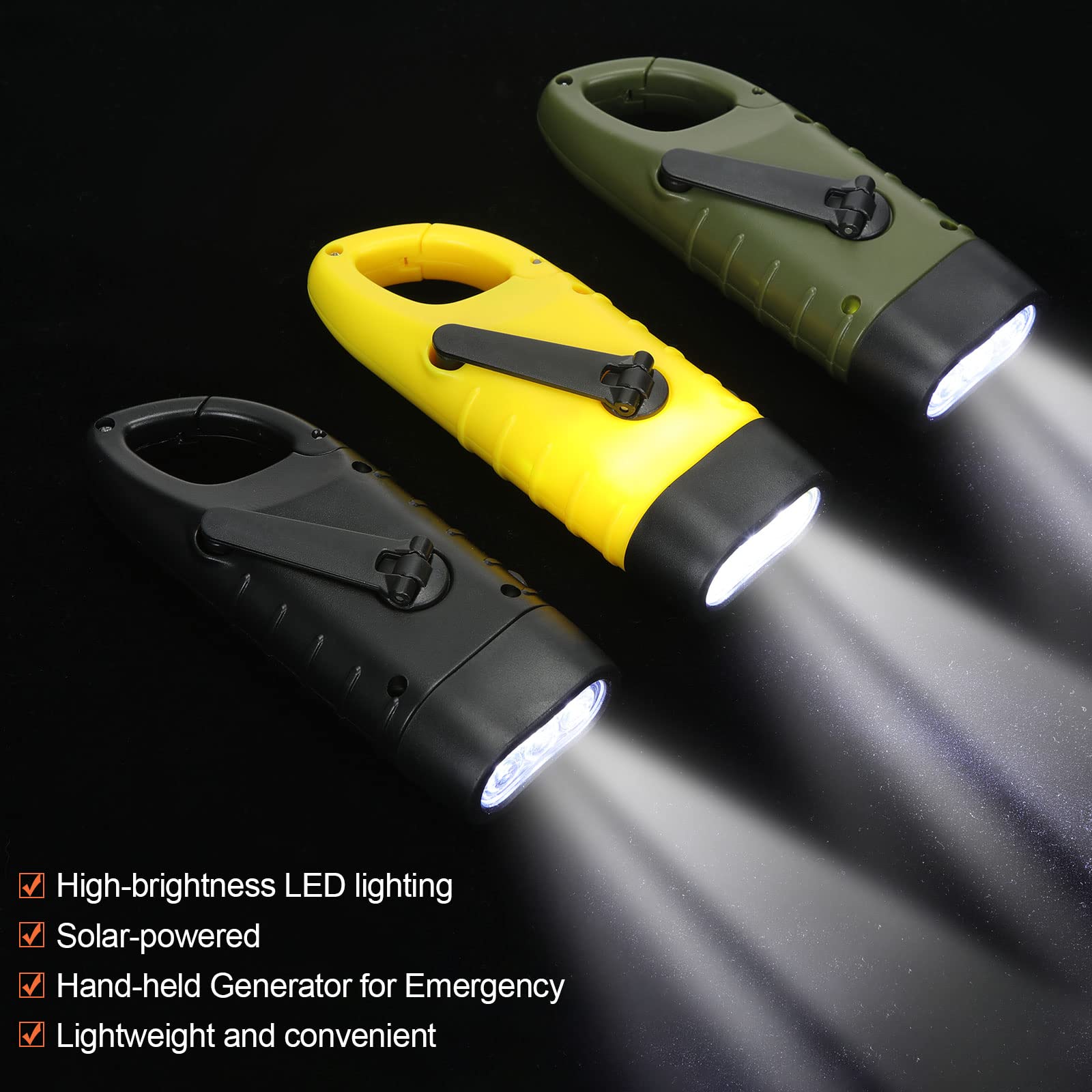 Mudder Hand Crank Solar Powered Flashlight, Emergency LED, Rechargeable, Green Yellow Black