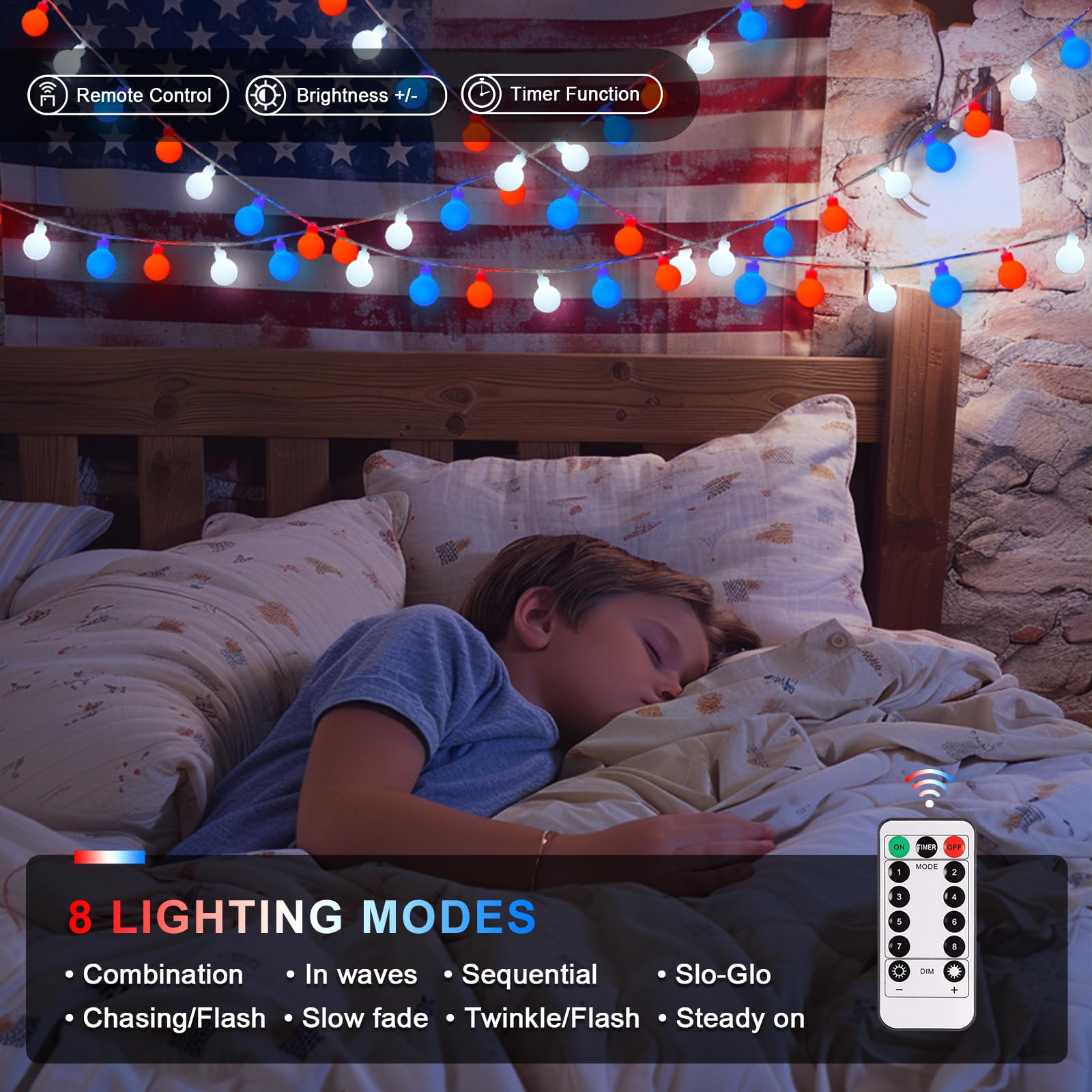 100 Led Globe String Lights Battery Operated Christmas Lights Indoor, 33Ft Battery Powered String Lights Outdoor Waterproof, 8 Modes Red White And Blue Lights For Patriotic Christmas Decorations