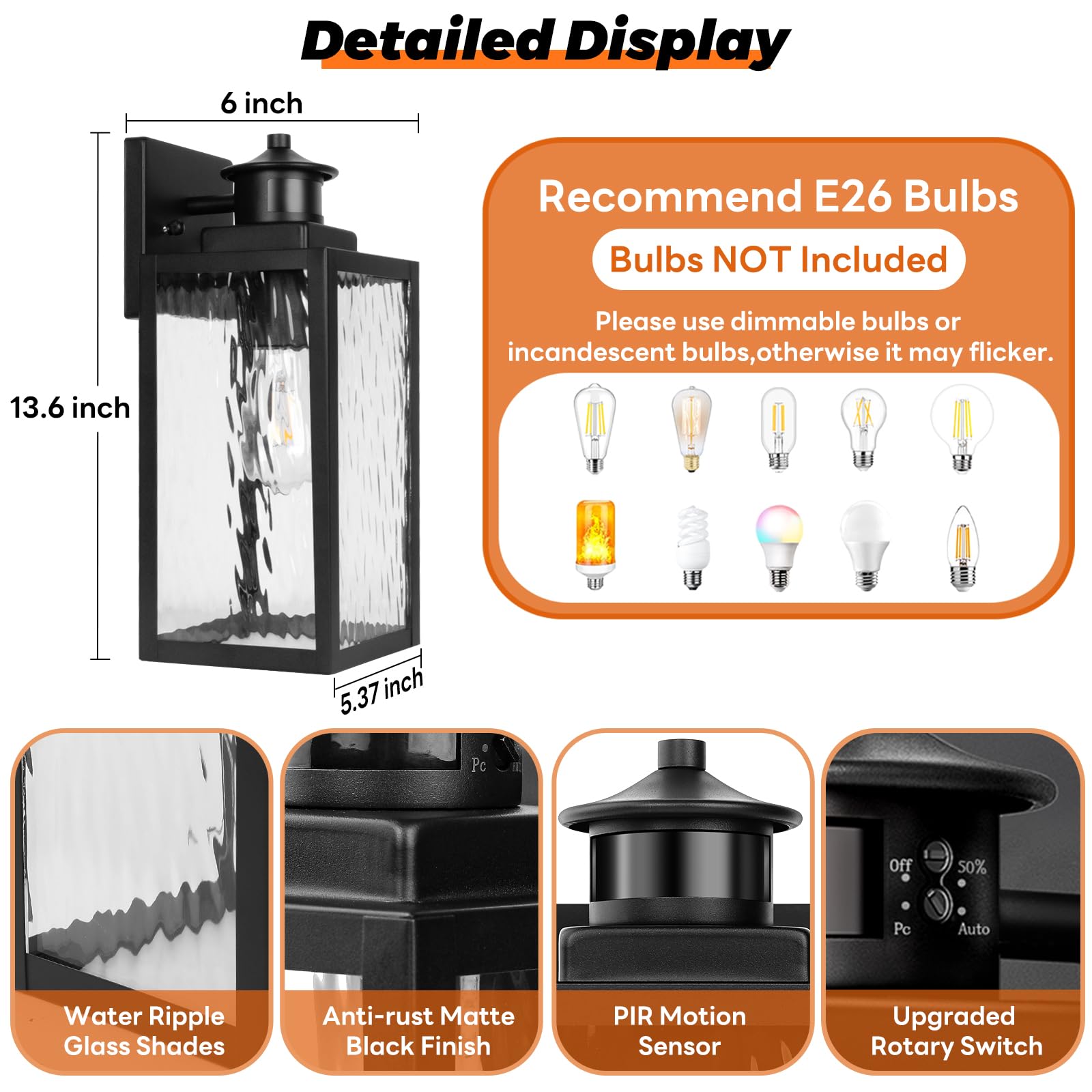 13.6'' Motion Sensor Outdoor Wall Sconce Lantern, Exterior Waterproof Wall Lights Fixtures With Water-Rippled Glass, Black Outsi