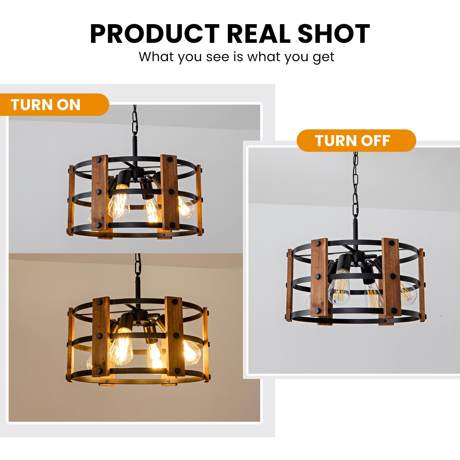 Daoseolo Rustic Farmhouse Chandelier - 4-Light Pendant Fixture, Adjustable Height, Brown Wood, 15.7Inch For Entryway, Kitchen, Living Room