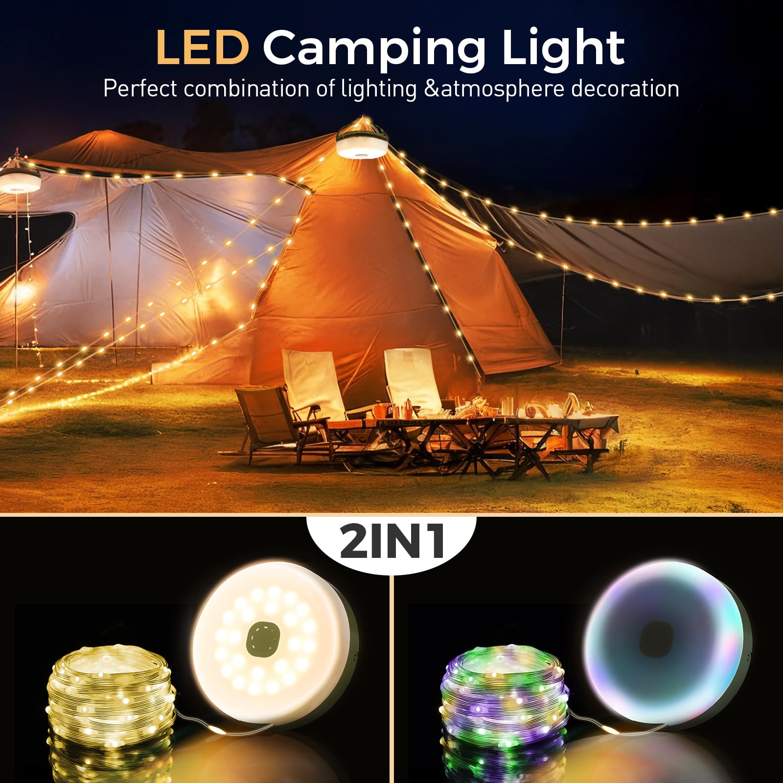 KUQIHUG Camping String Lights, 32.8FT Rechargeable LED Lamp, 8 Modes, Waterproof, Green/White, Model HYLN-IMR 18650-1800