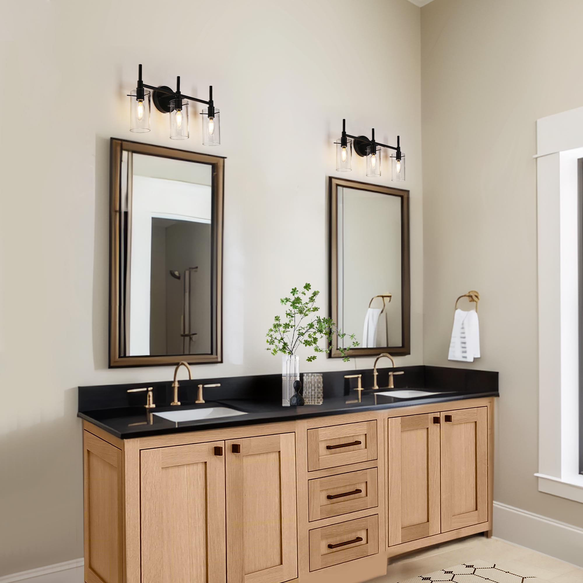 Black Vanity Light, Black 3-Light Bathroom Light Fixture Over Mirror, Modern Farmhouse Wall Lamp With Clear Glass For Bedroom, H