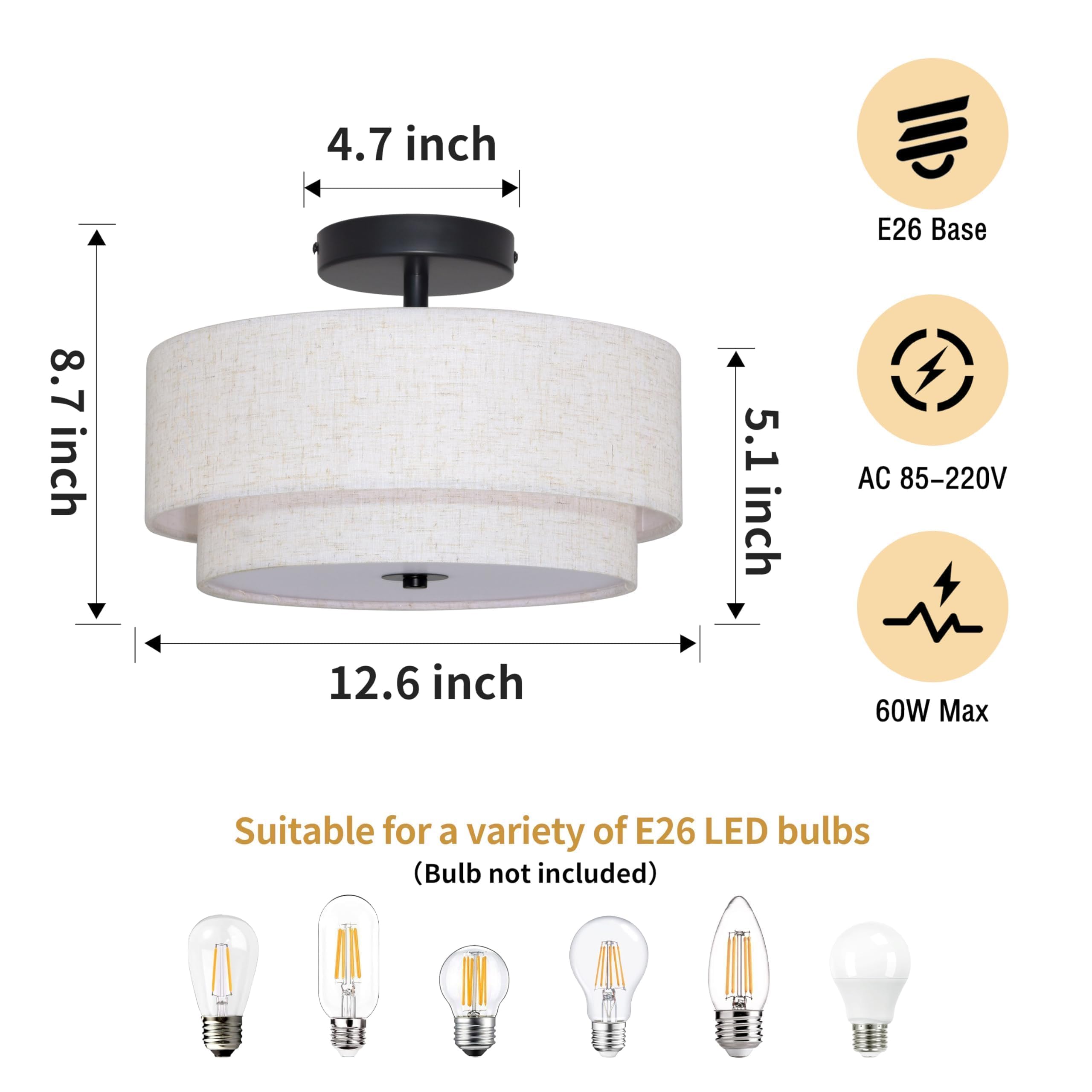 2 Light Semi Flush Mount Ceiling Light Fixture 12.6 Inch Modern Black Drum Ceiling Light Fixture With 2-Layer Fabric Shade Dimma
