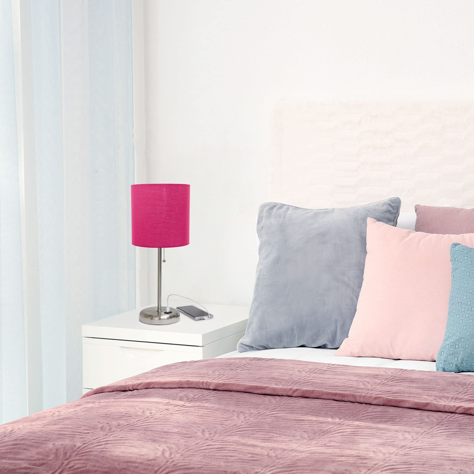 Creekwood Home 19.5&quot; Brushed Steel Table Lamp With Pink Shade & Usb Port - Contemporary Design