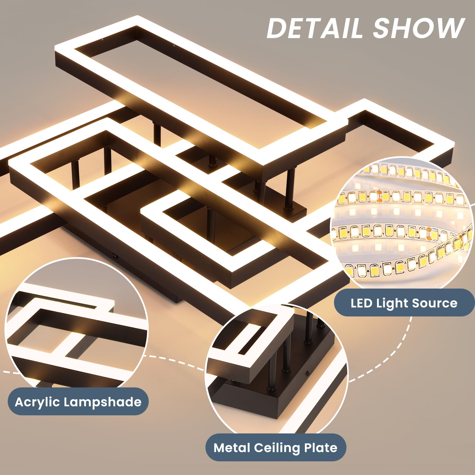 EIDISUNY Modern LED Ceiling Light, Dimmable 3000-6500K, 54W, Black Flush Mount, Model CL-4CFBKYX-D-110V