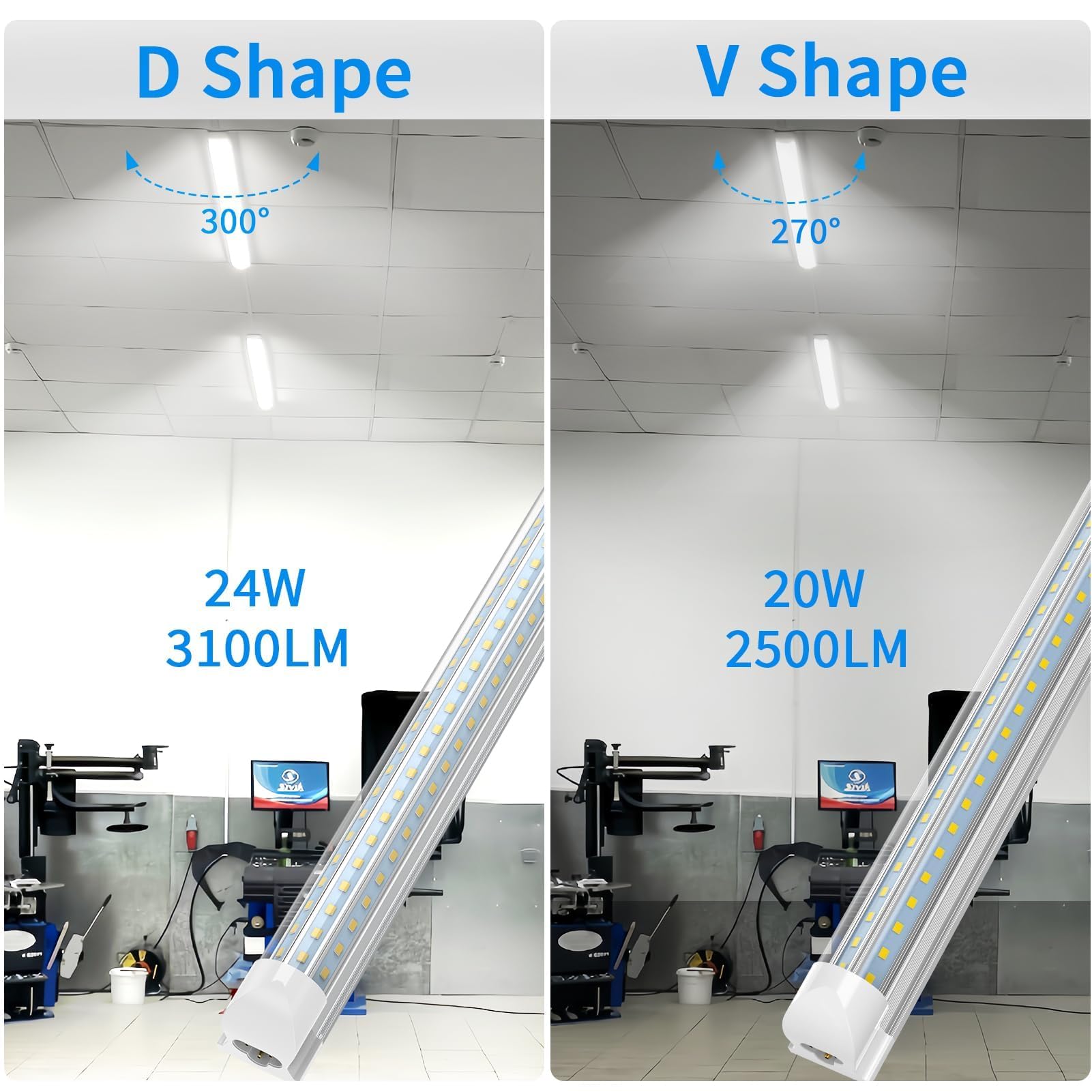 CNSUNWAY 2FT LED Shop Light, 24W D Shape, 5000K Daylight White, Linkable, High Output, 3600LM, 2 Pack