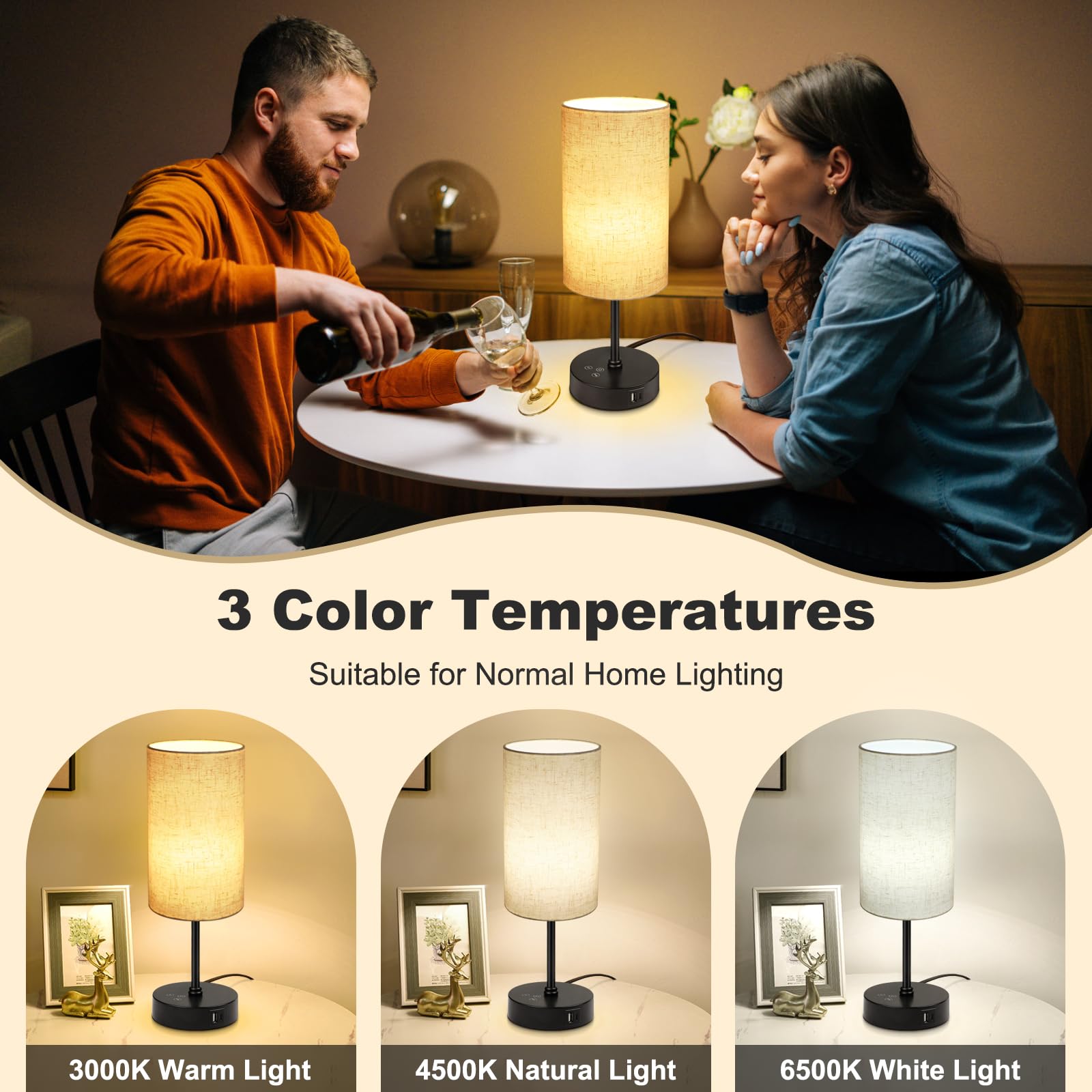 Unicozin Table Lamp - 3 CCT Color Changing & RGB, Stepless Dimmable, Beige Shade, Small Bedside Light for Reading & Ambience