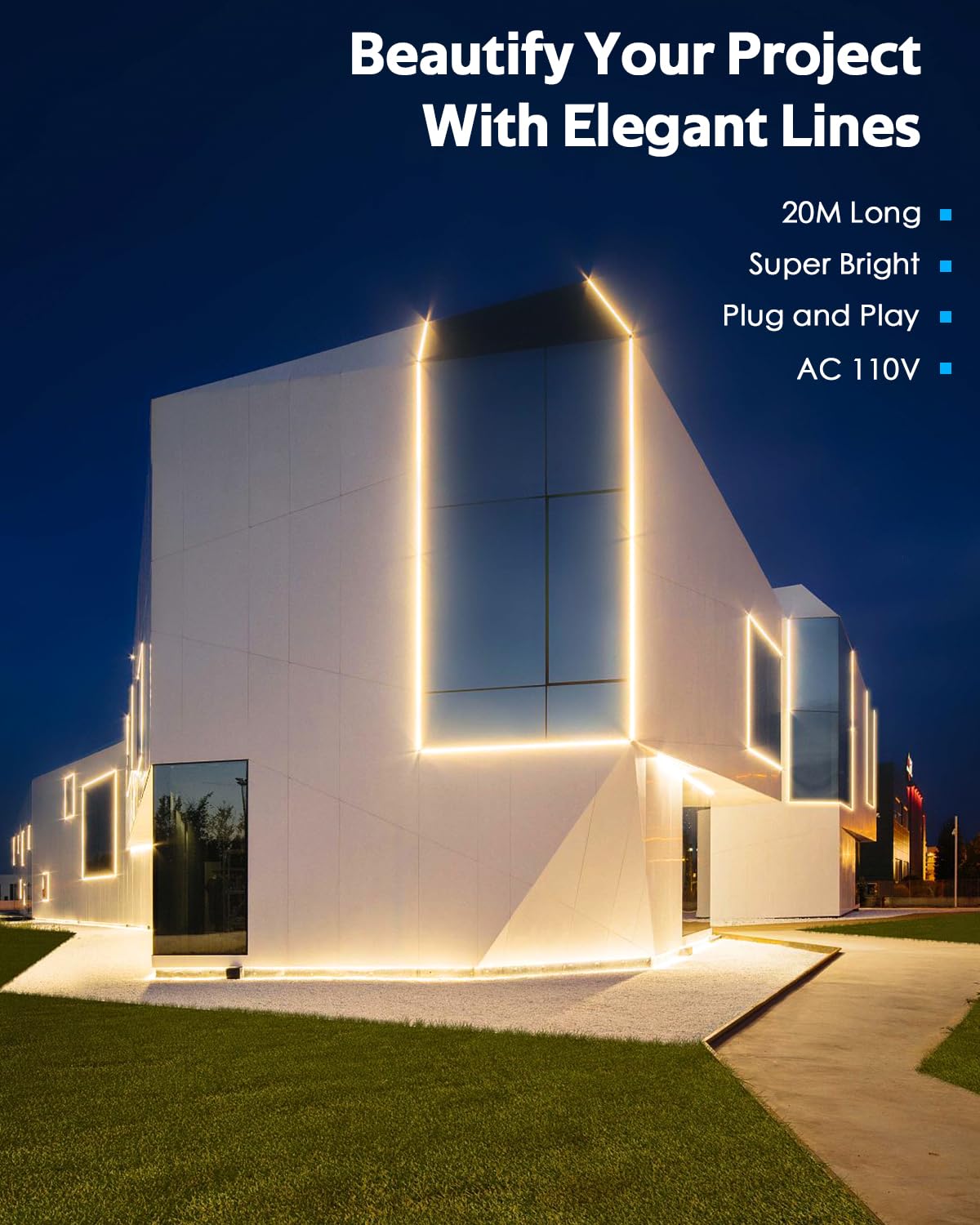 Samsion 65.6Ft Cob Led Strip Lights Outdoor Waterproof 20M Dimmable Led Rope Light With Remote Ac 110V~120V Cuttable Flexible Cob Light Strip Warm White 3000K For Garden Building Commerical Decor