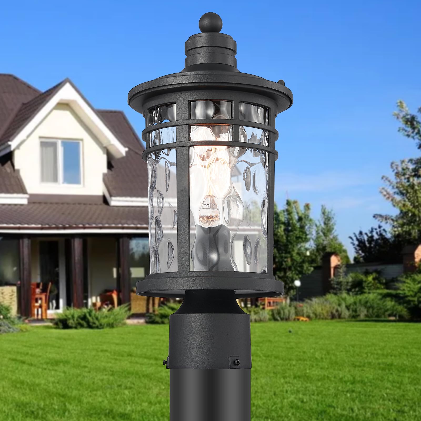 Darkaway Aluminum Outdoor Post Lights, Water Ripple Glass, Medium 2-Pack, Black, Model 6X20P-2PK BK+WG