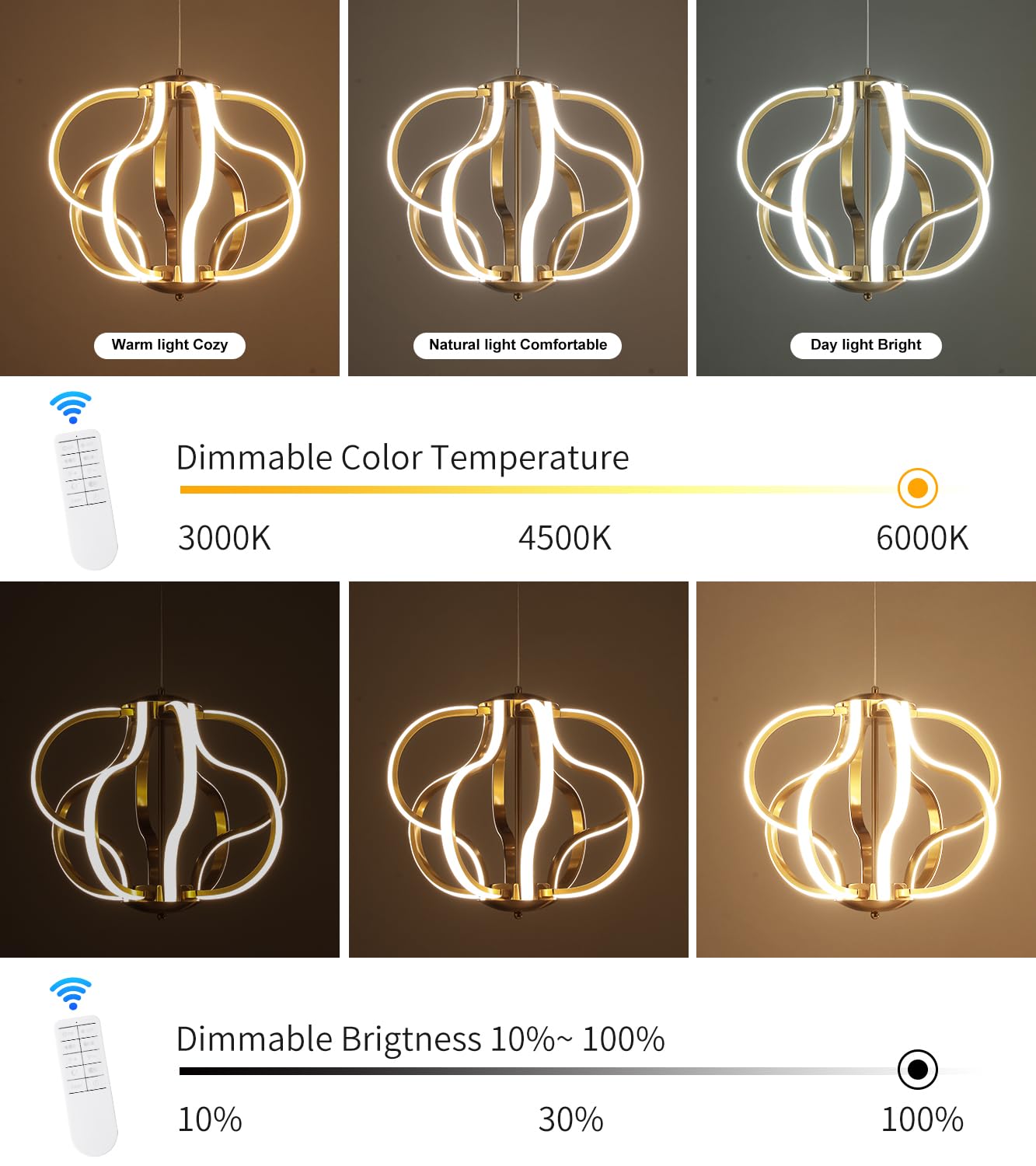 Munbea Modern Gold LED Chandelier, Dimmable with Remote, 8 Lights, Metal, 3 Color Temperatures for Dining Room, Foyer, Kitchen
